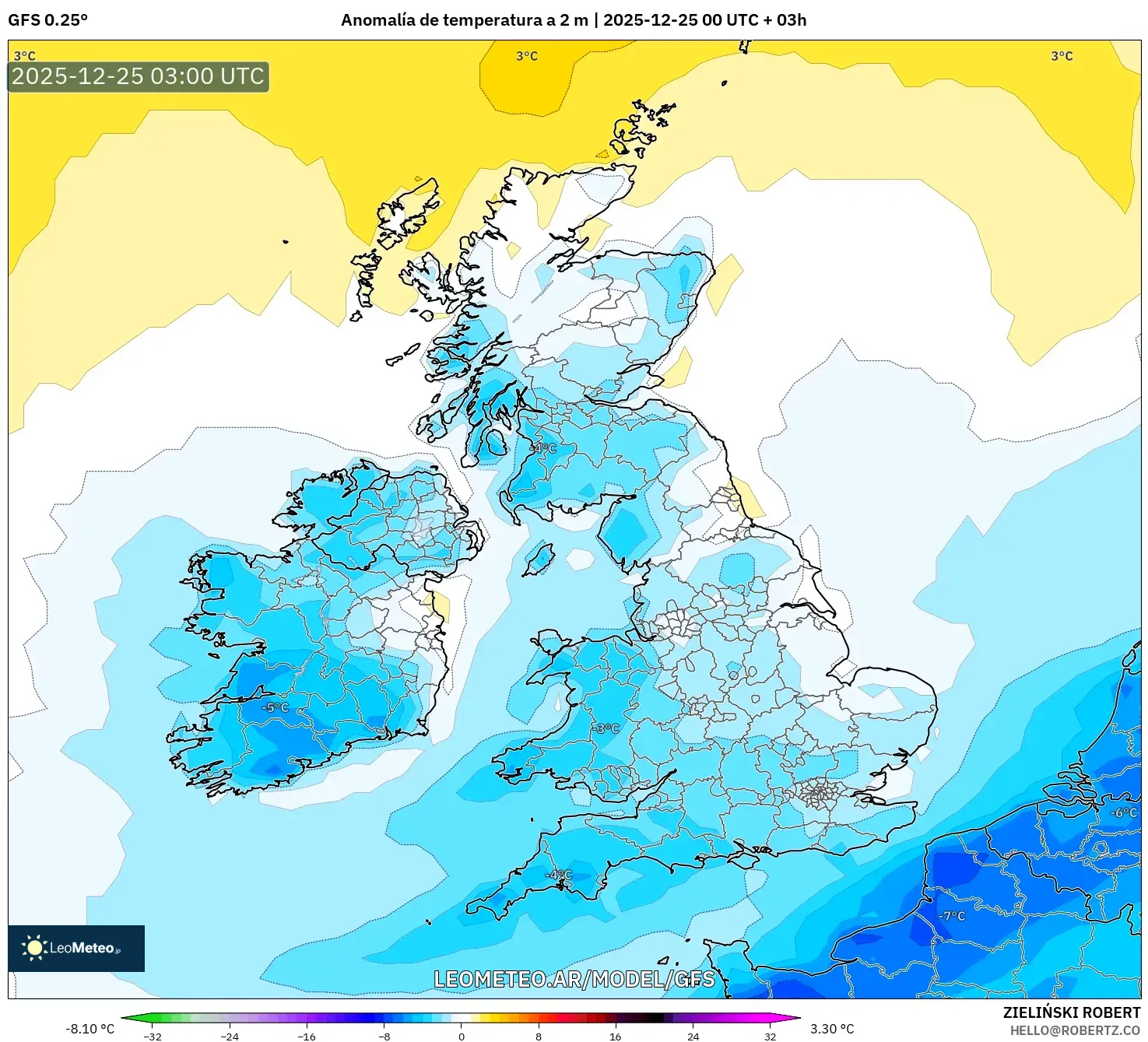 GFS model - Wielka Brytania, Anomalia temperatury na 2 m