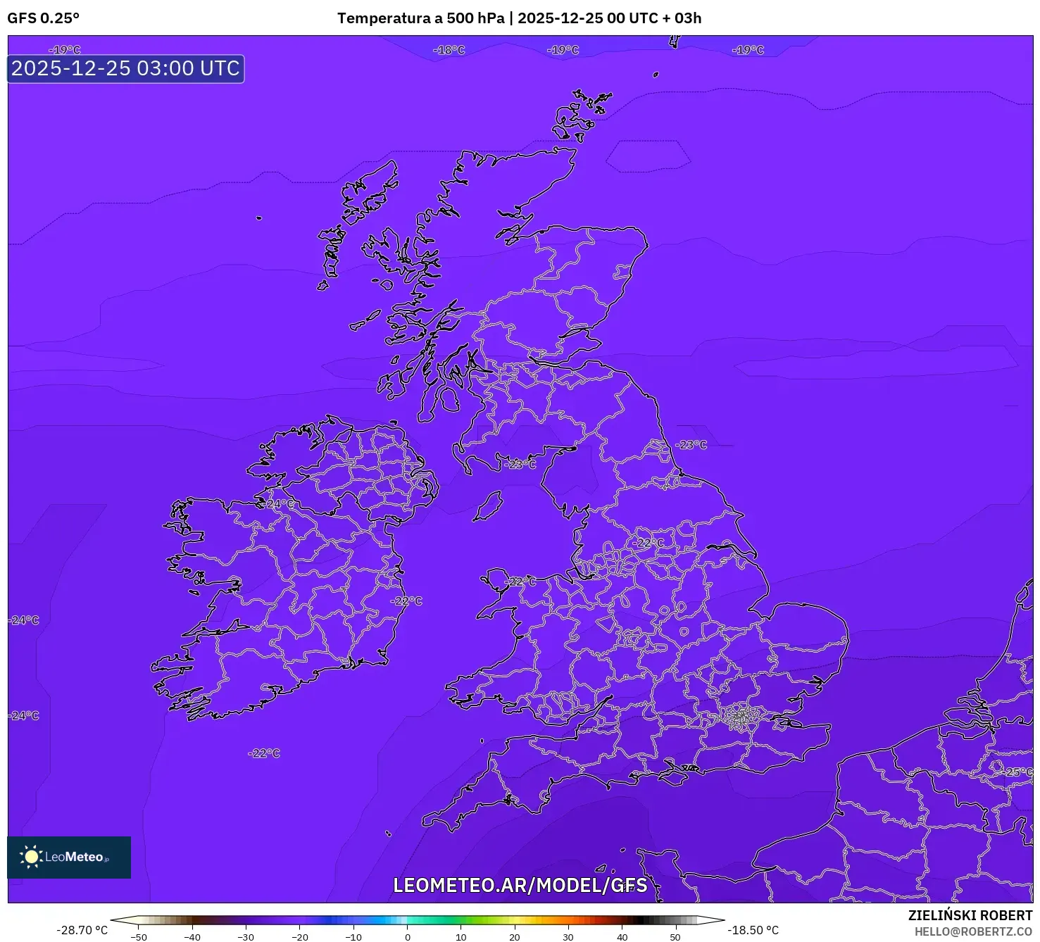 GFS model - Wielka Brytania, Temperatura na 500 hPa