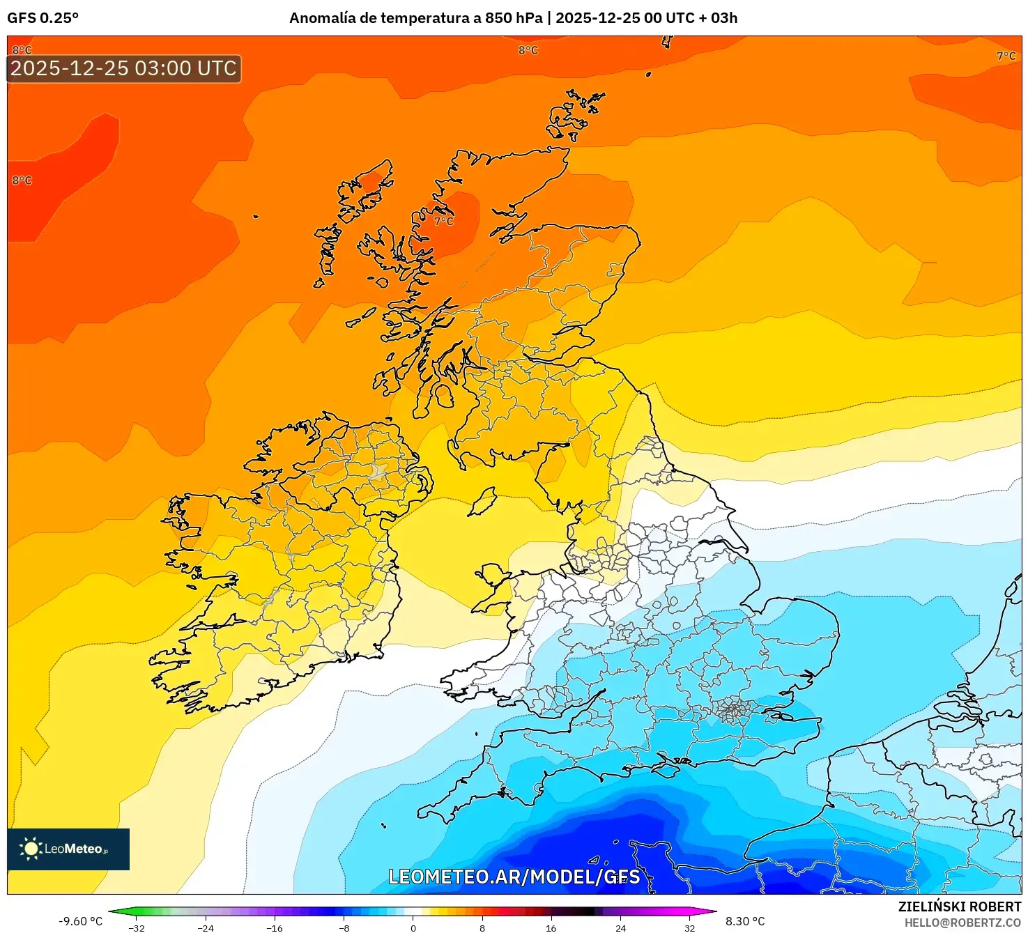 GFS model - Wielka Brytania, Anomalia temperatury na 850 hPa