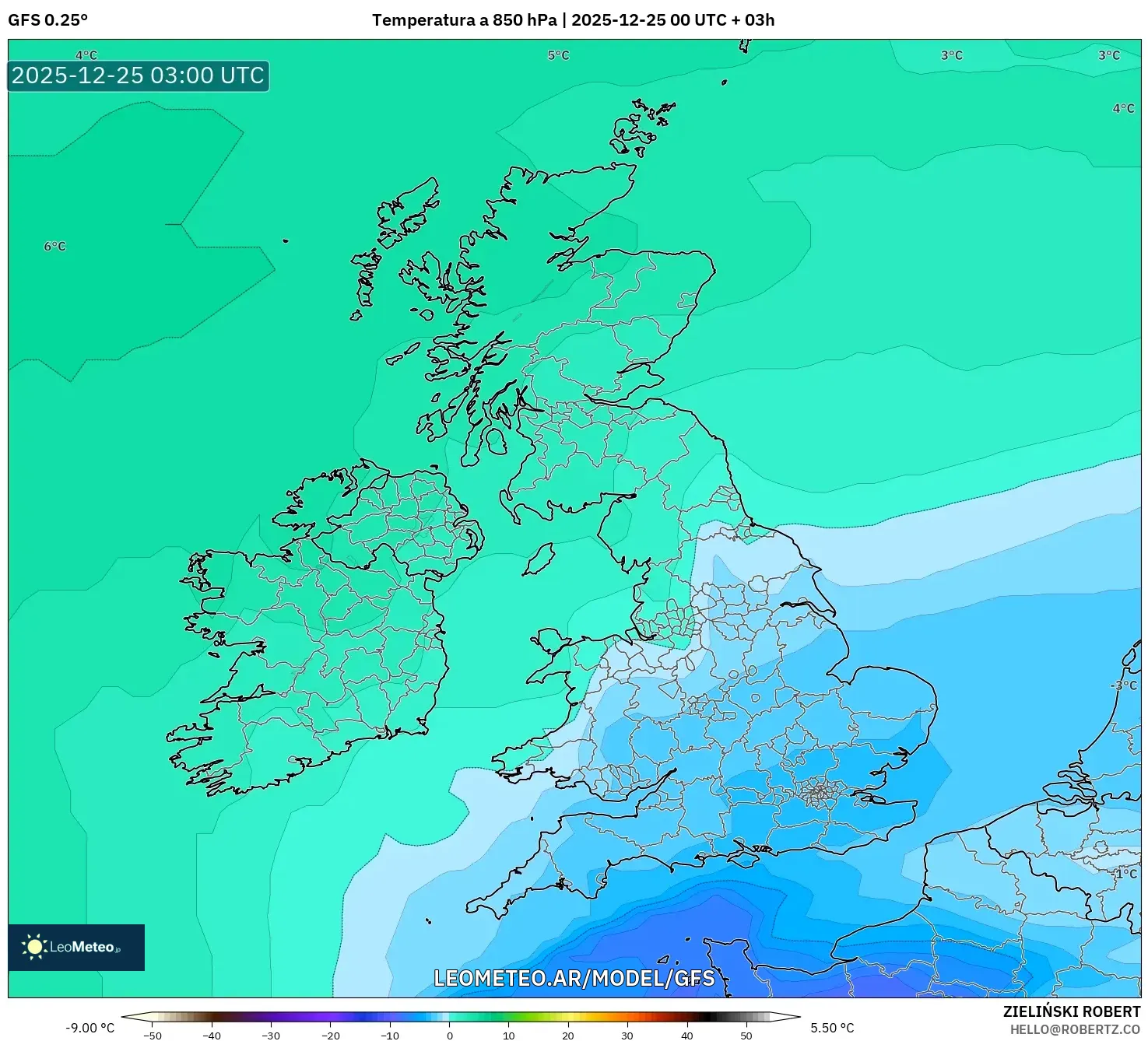 GFS model - Wielka Brytania, Temperatura na 850 hPa
