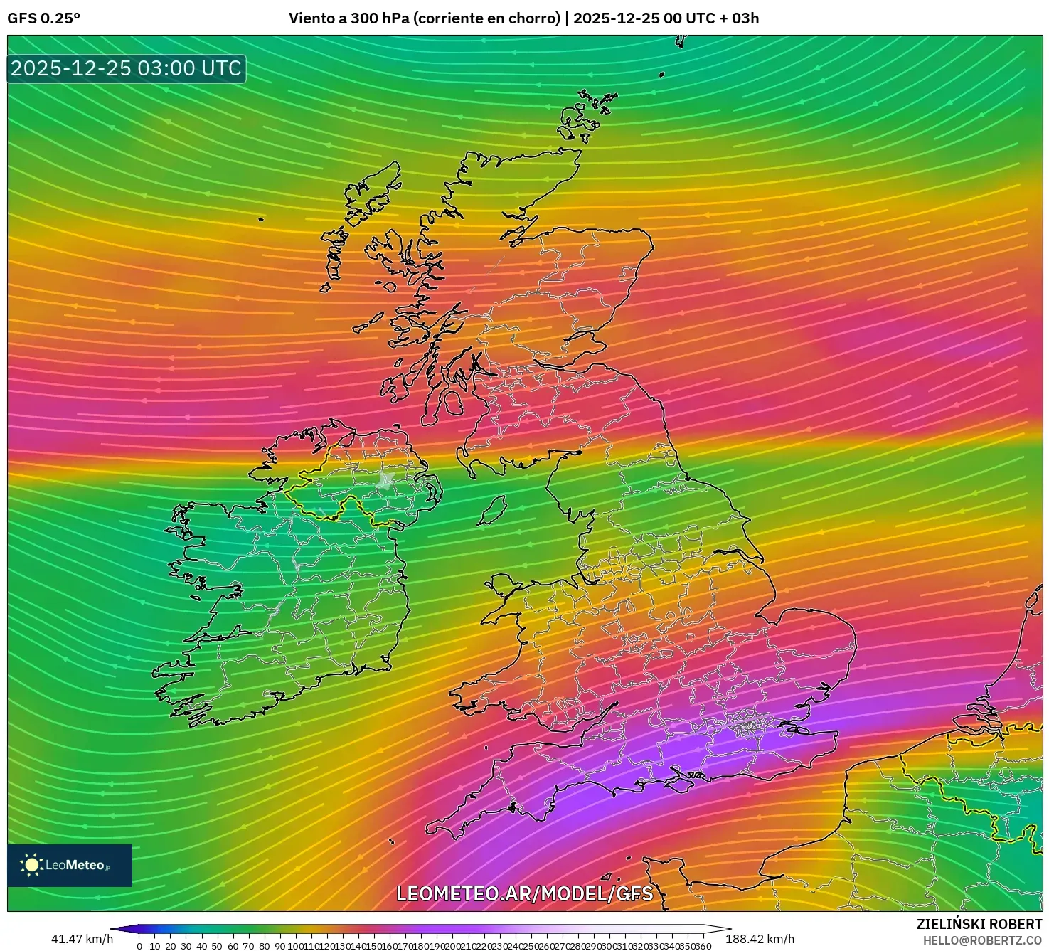 GFS model - Wielka Brytania, Wiatr na 300 hPa (prąd strumieniowy)