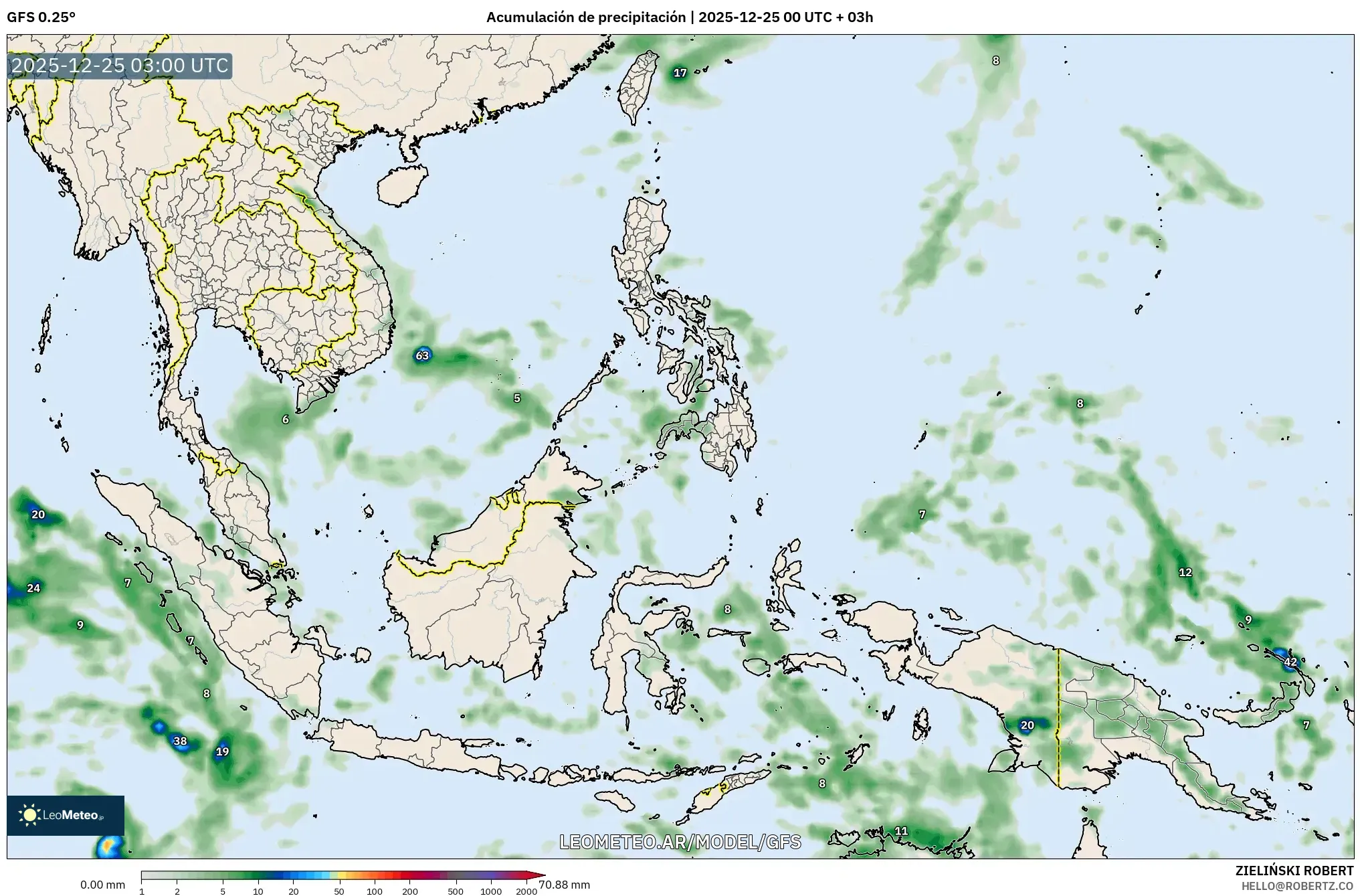 GFS model - Azja Południowo-Wschodnia, Suma opadów