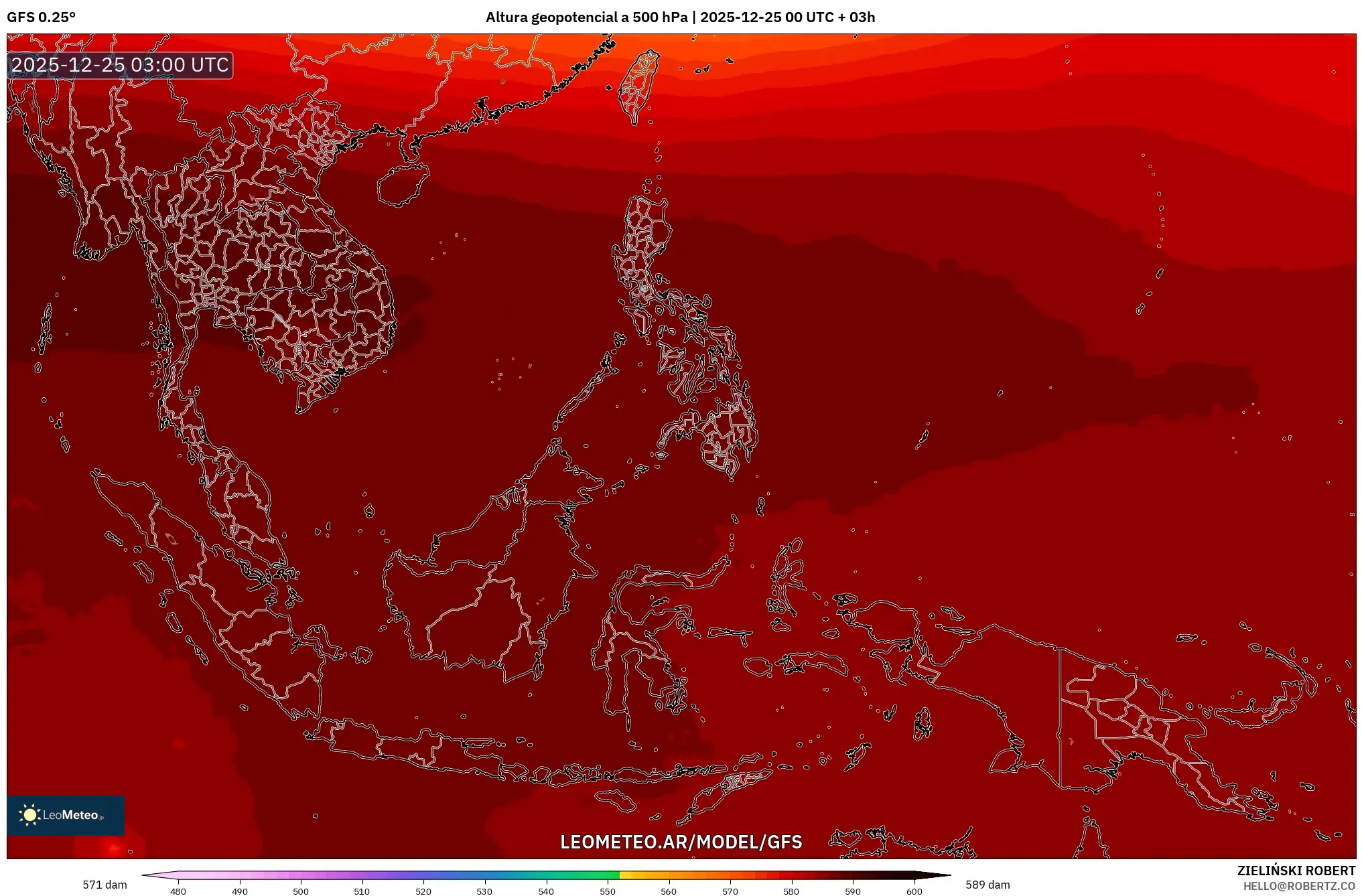 GFS model - Azja Południowo-Wschodnia, Wysokość geopotencjalna na poziomie 500 hPa