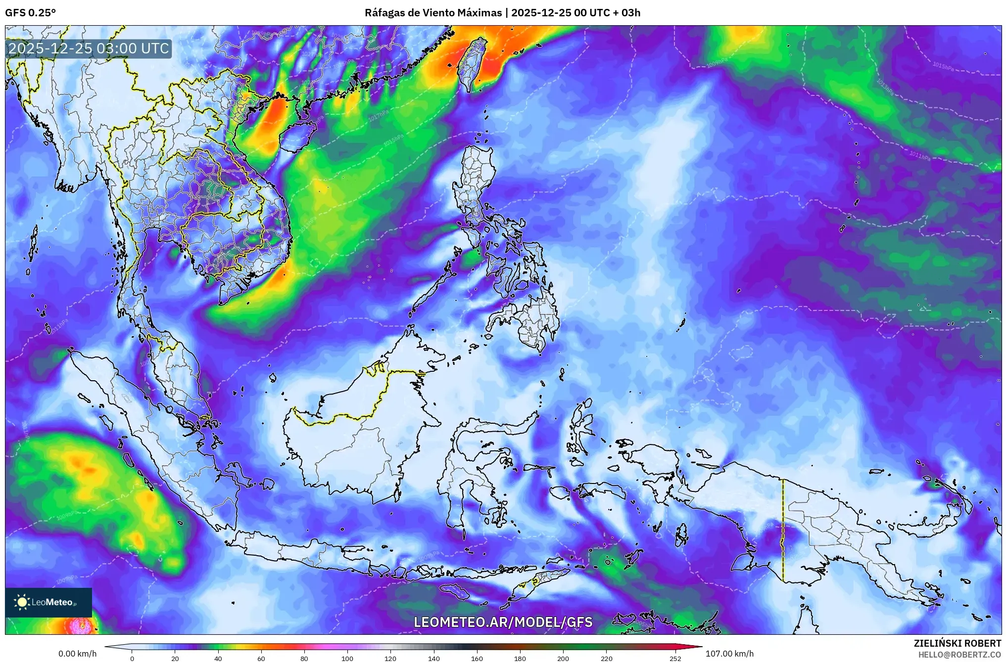 GFS model - Azja Południowo-Wschodnia, Maksymalne Porywy Wiatru