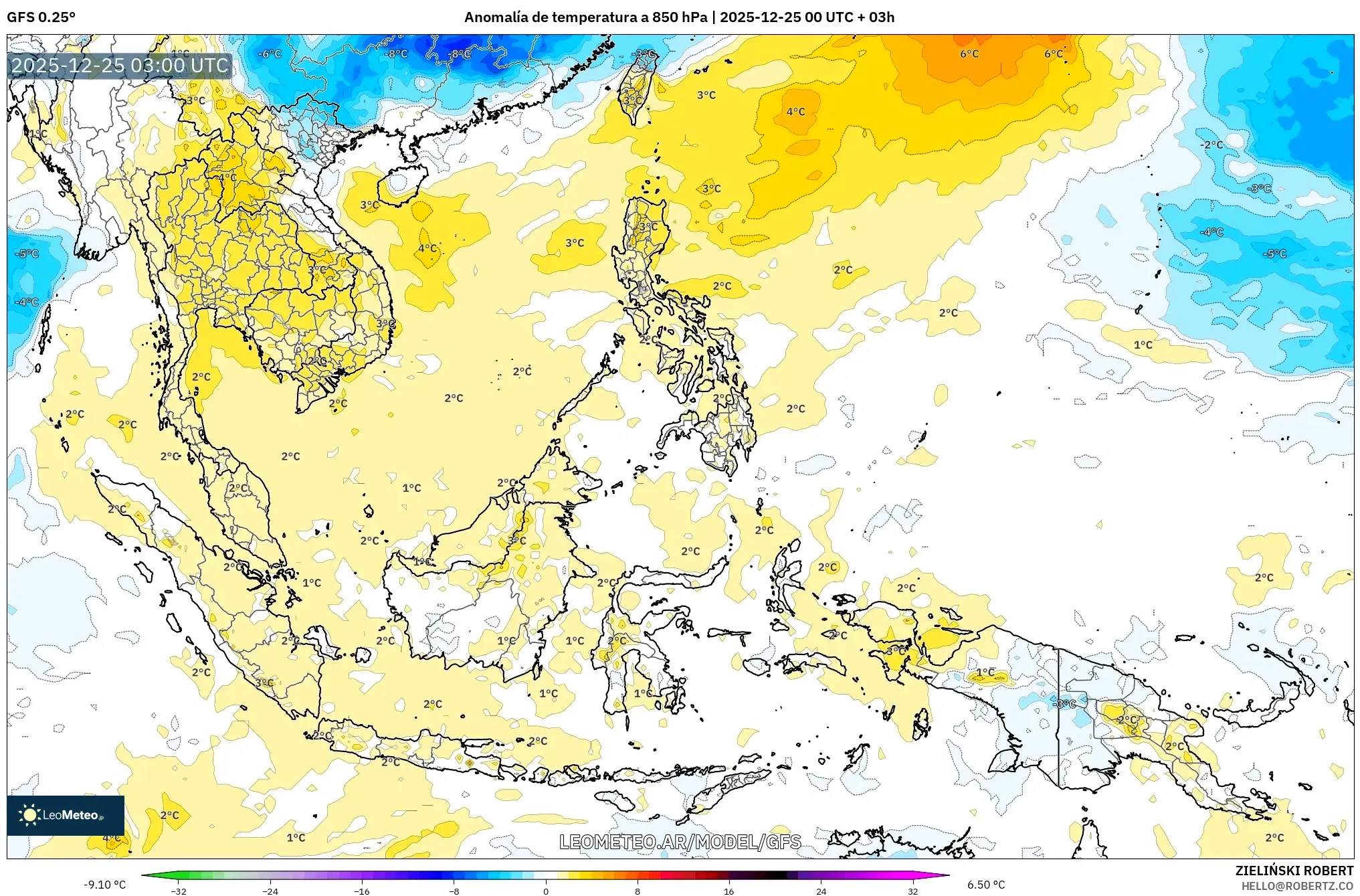 GFS model - Azja Południowo-Wschodnia, Anomalia temperatury na 850 hPa