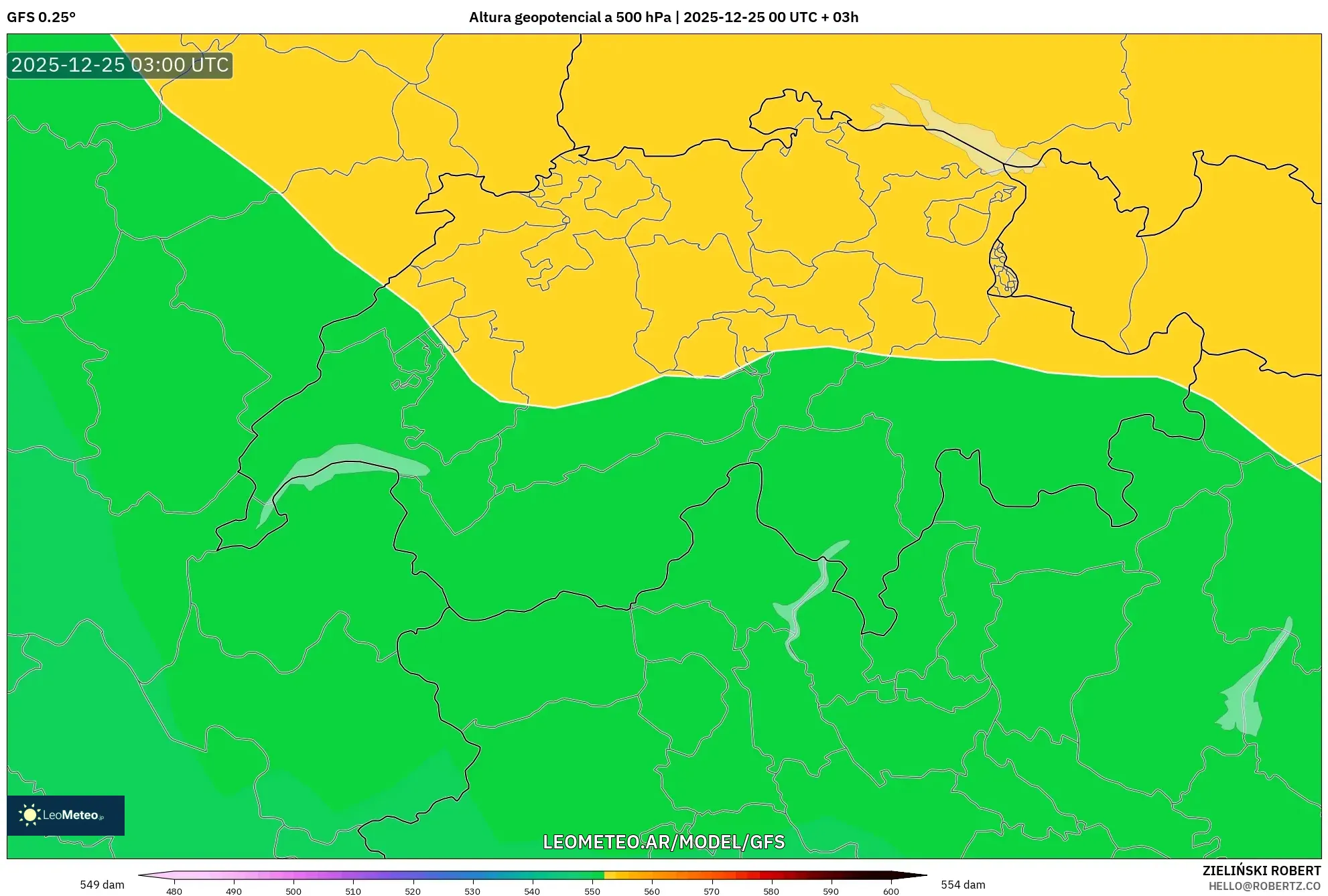 GFS model - Szwajcaria, Wysokość geopotencjalna na poziomie 500 hPa