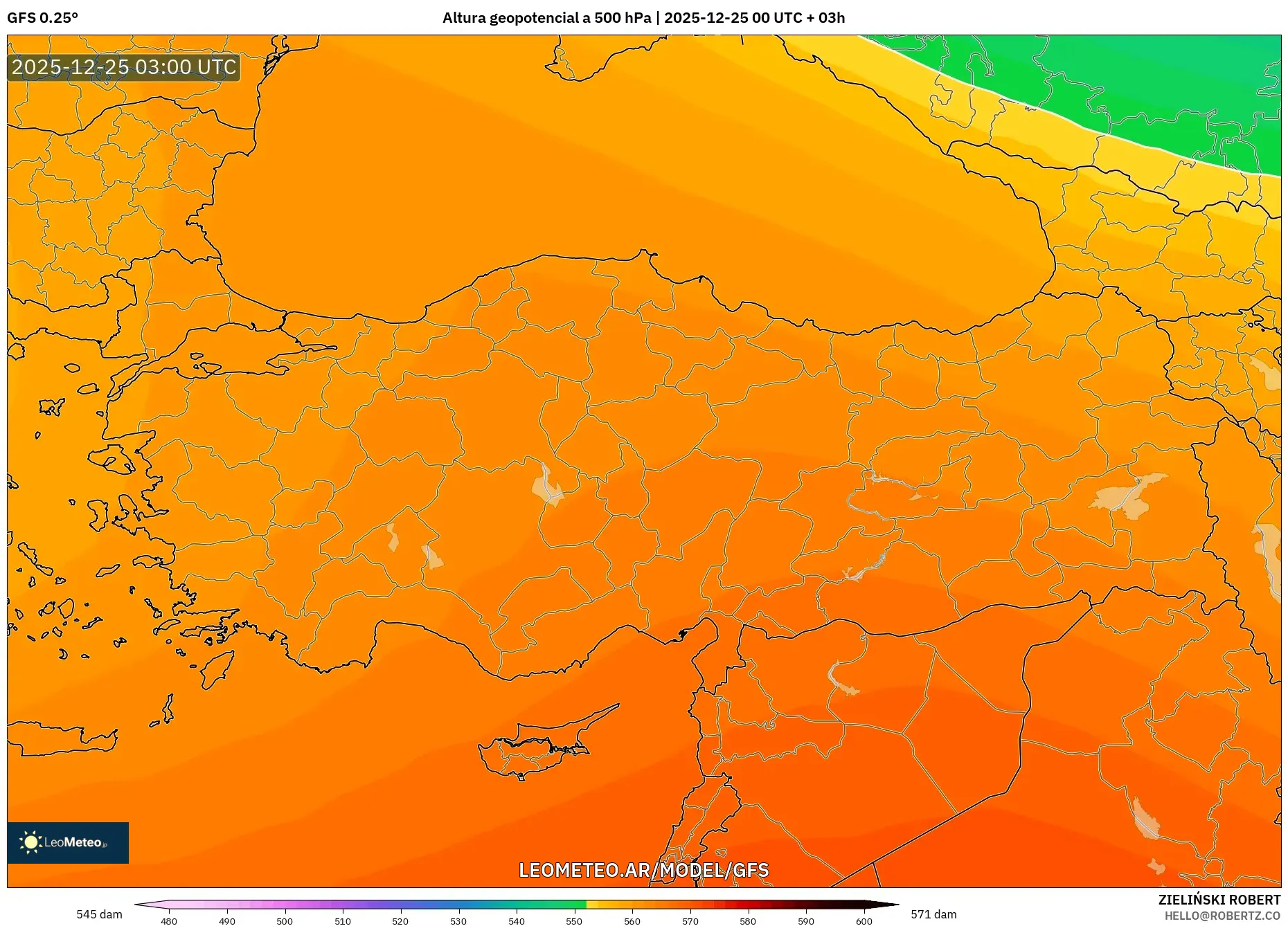 GFS model - Turcja, Wysokość geopotencjalna na poziomie 500 hPa