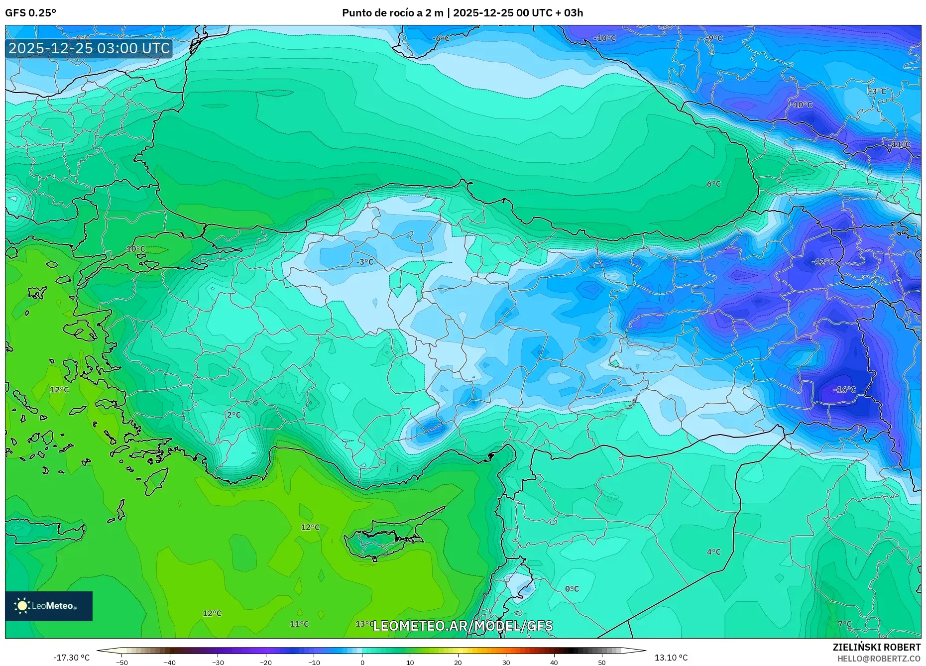 GFS model - Turcja, Punkt rosy na 2 m