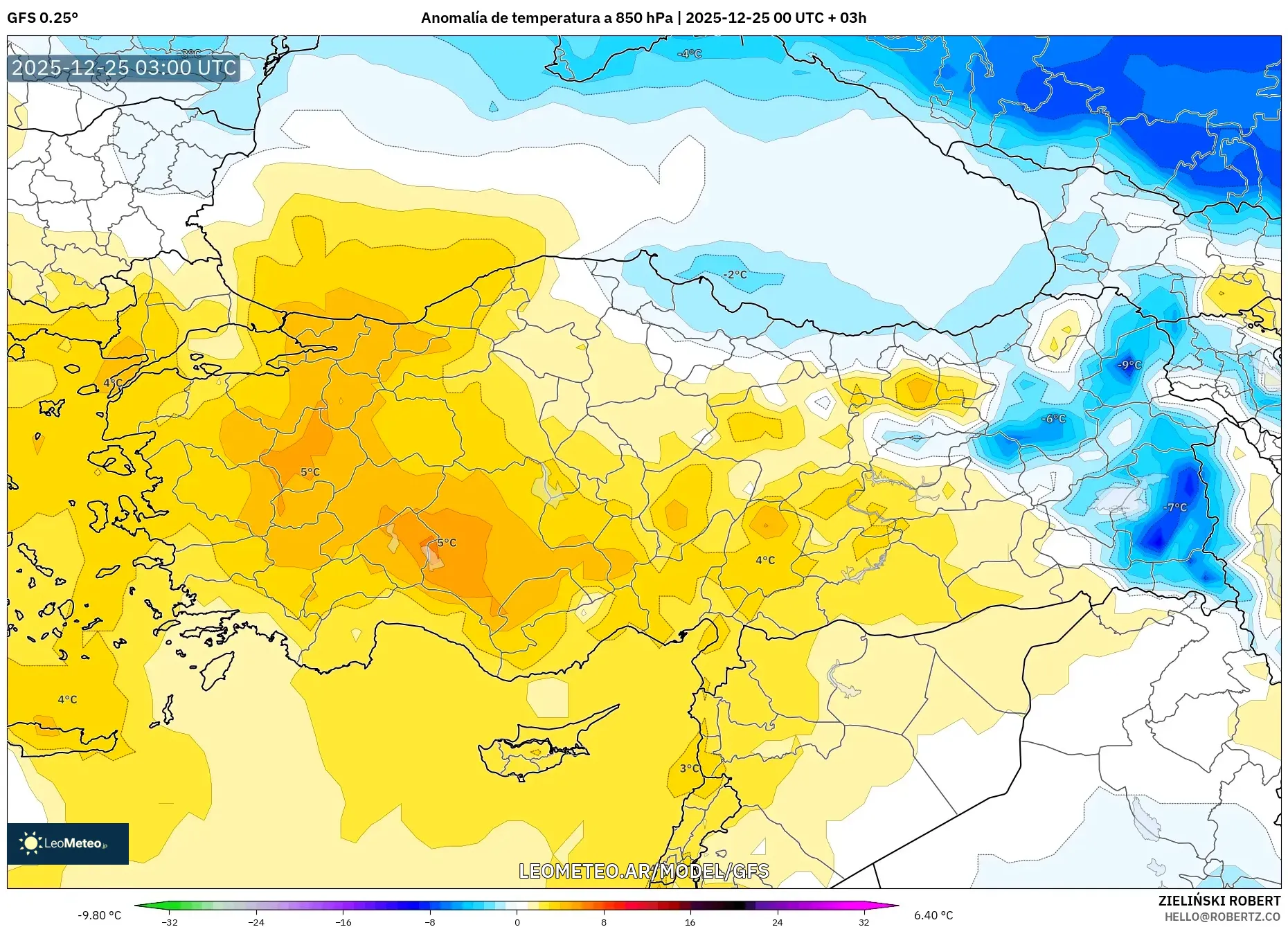 GFS model - Turcja, Anomalia temperatury na 850 hPa