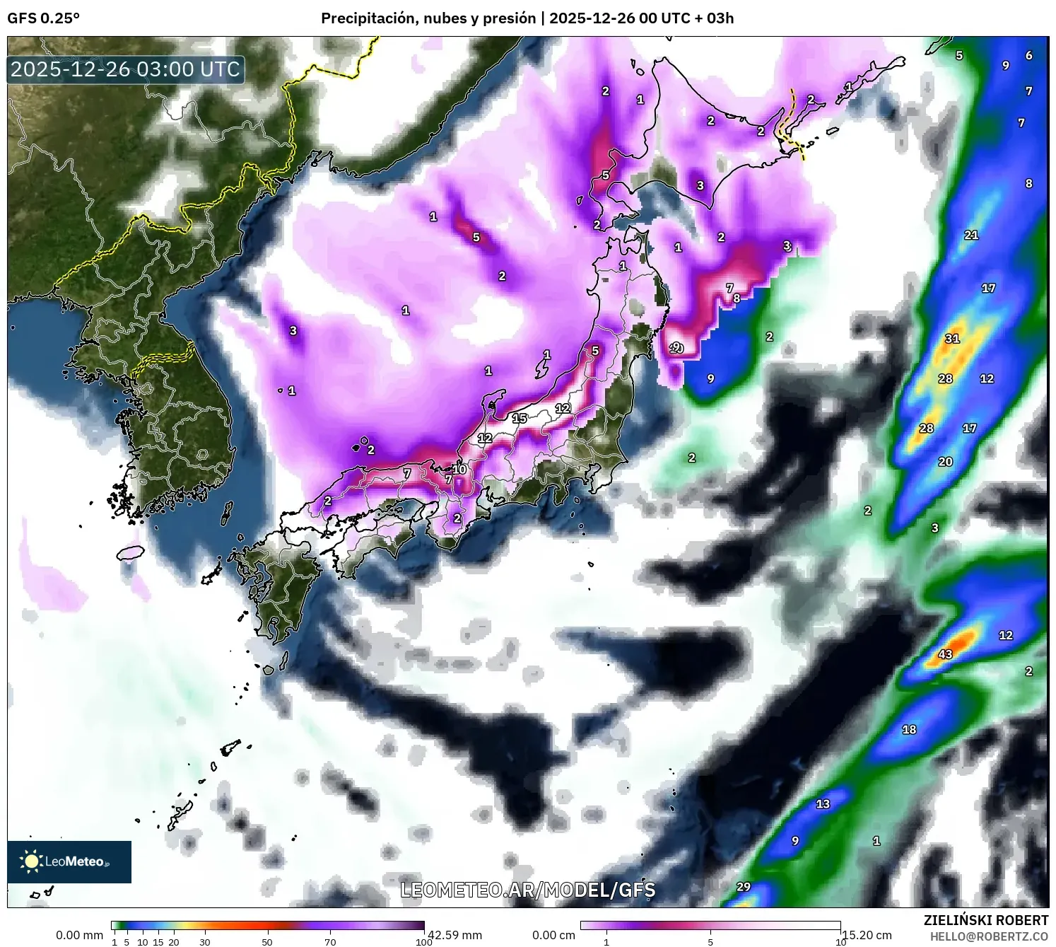 GFS model - Japón, Precipitación, nubes y presión