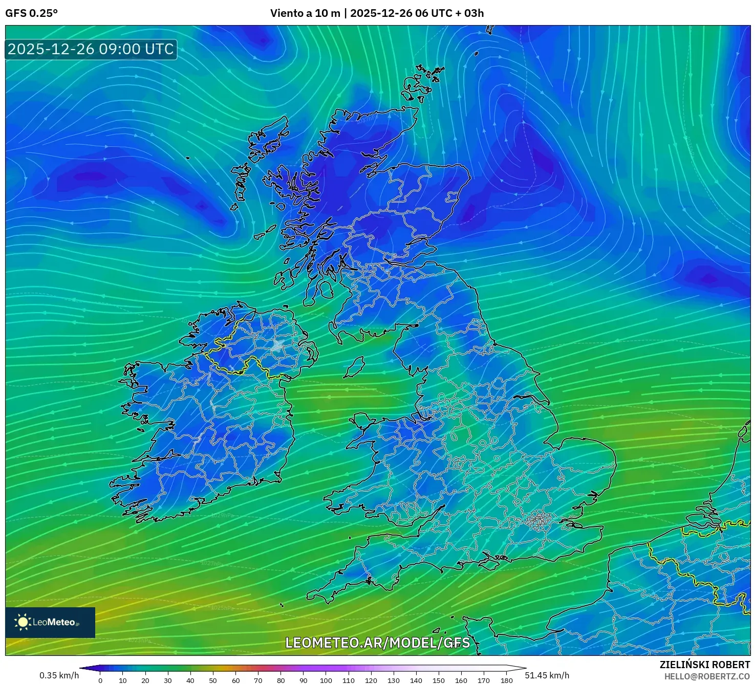 GFS model - Reino Unido, Viento a 10 m