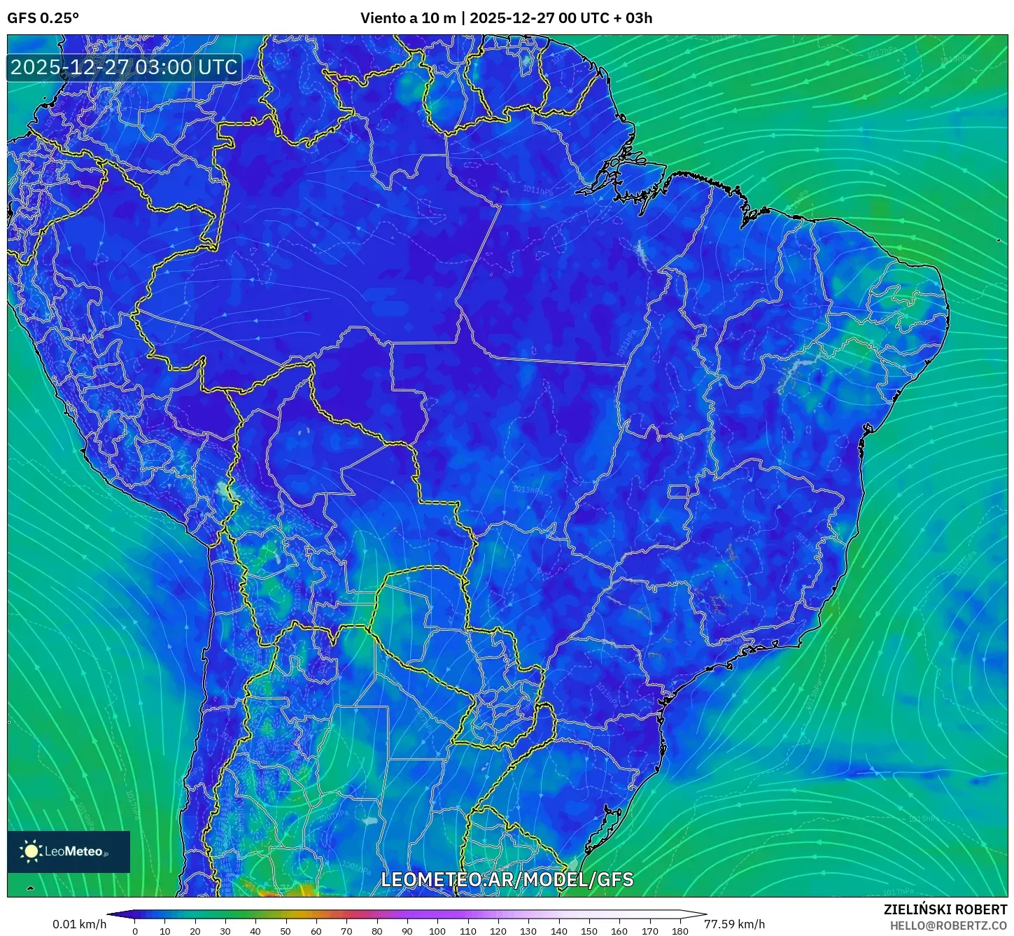 GFS model - Brasil, Viento a 10 m