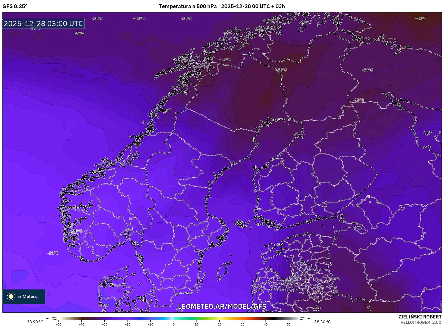 GFS model - Escandinavia, Temperatura a 500 hPa