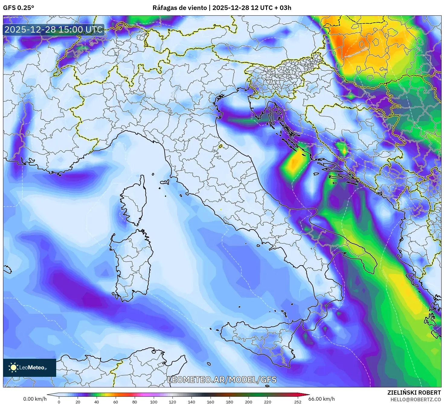 GFS model - Italia, Ráfagas de viento