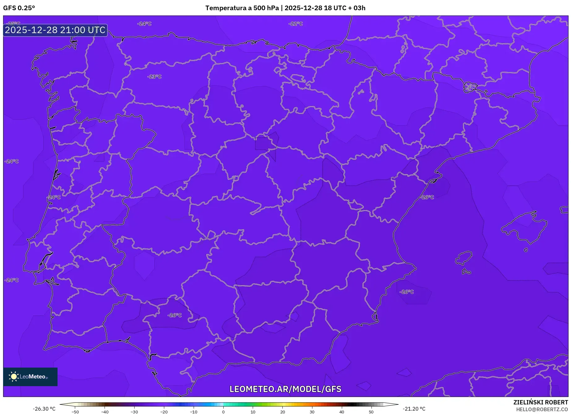 GFS model - España, Temperatura a 500 hPa
