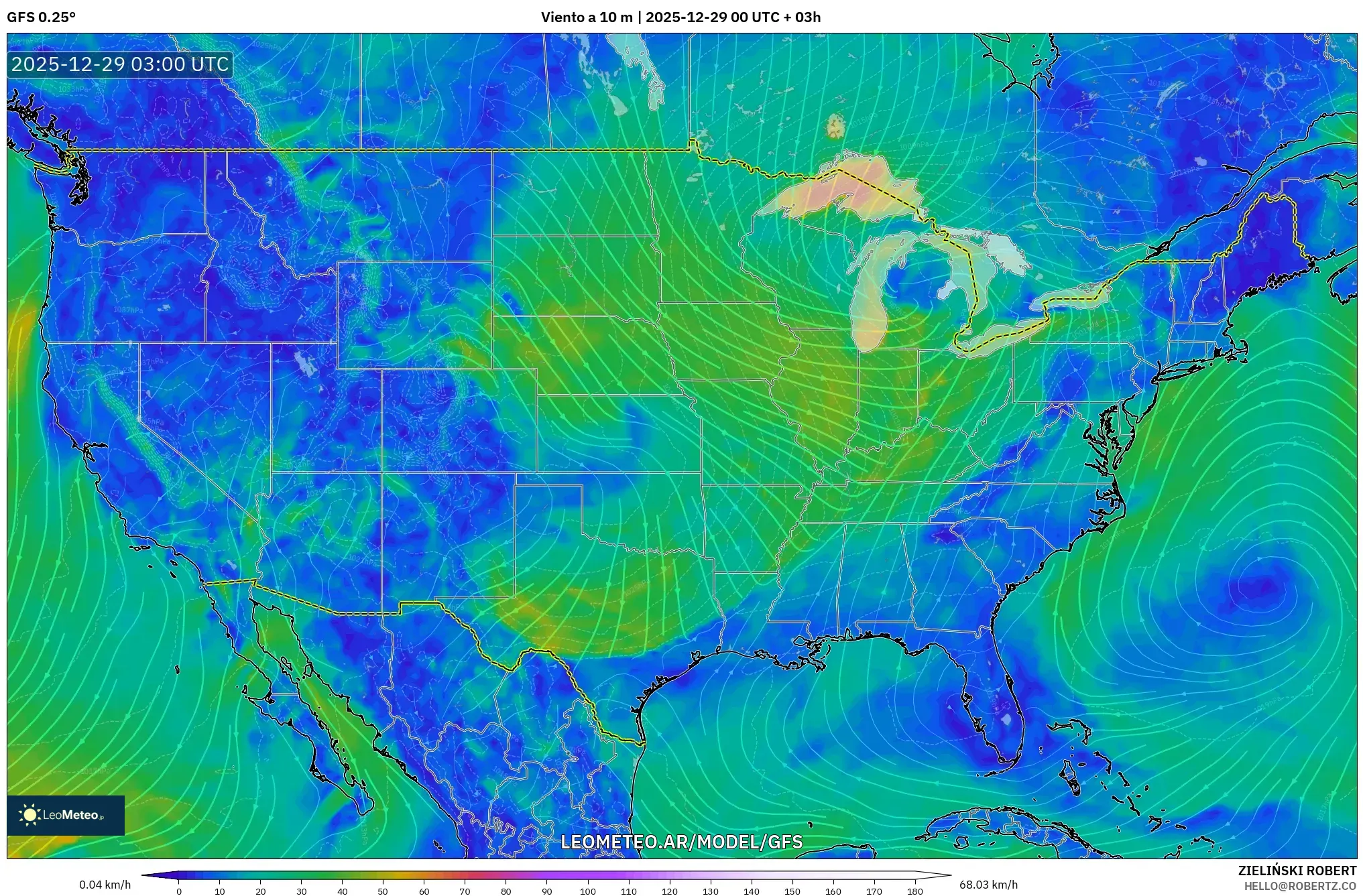 GFS model - Estados Unidos, Viento a 10 m