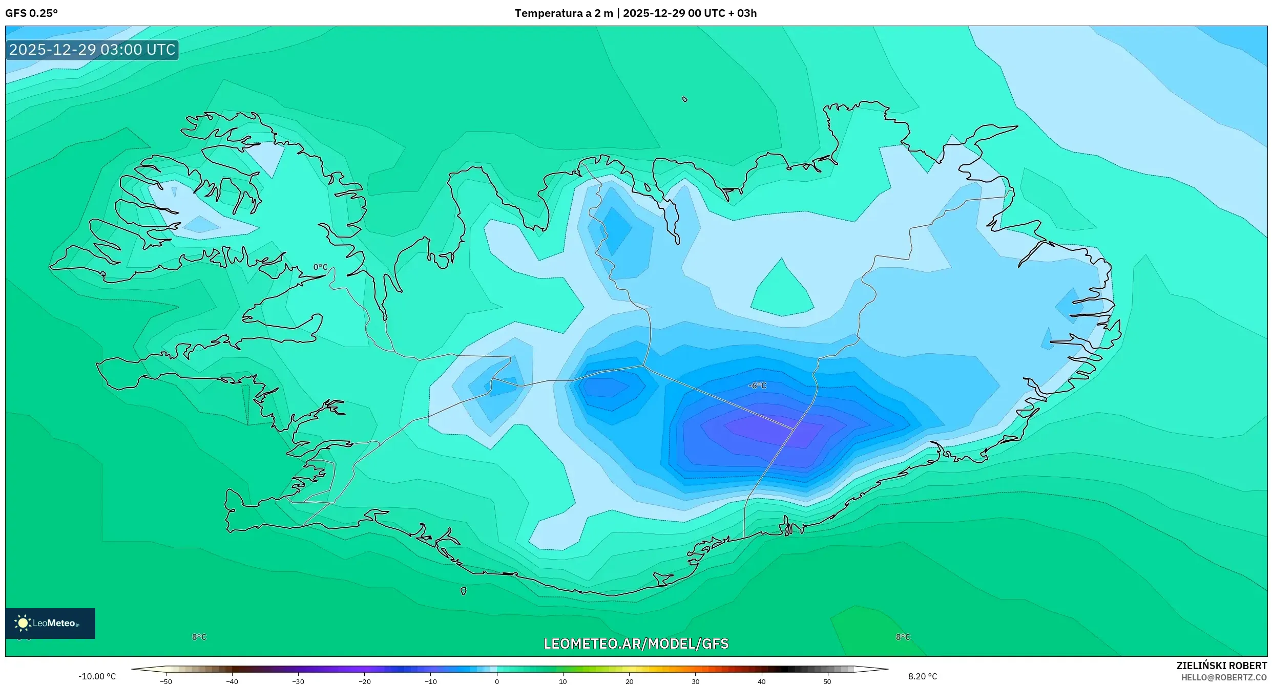GFS model - Islandia, Temperatura a 2 m