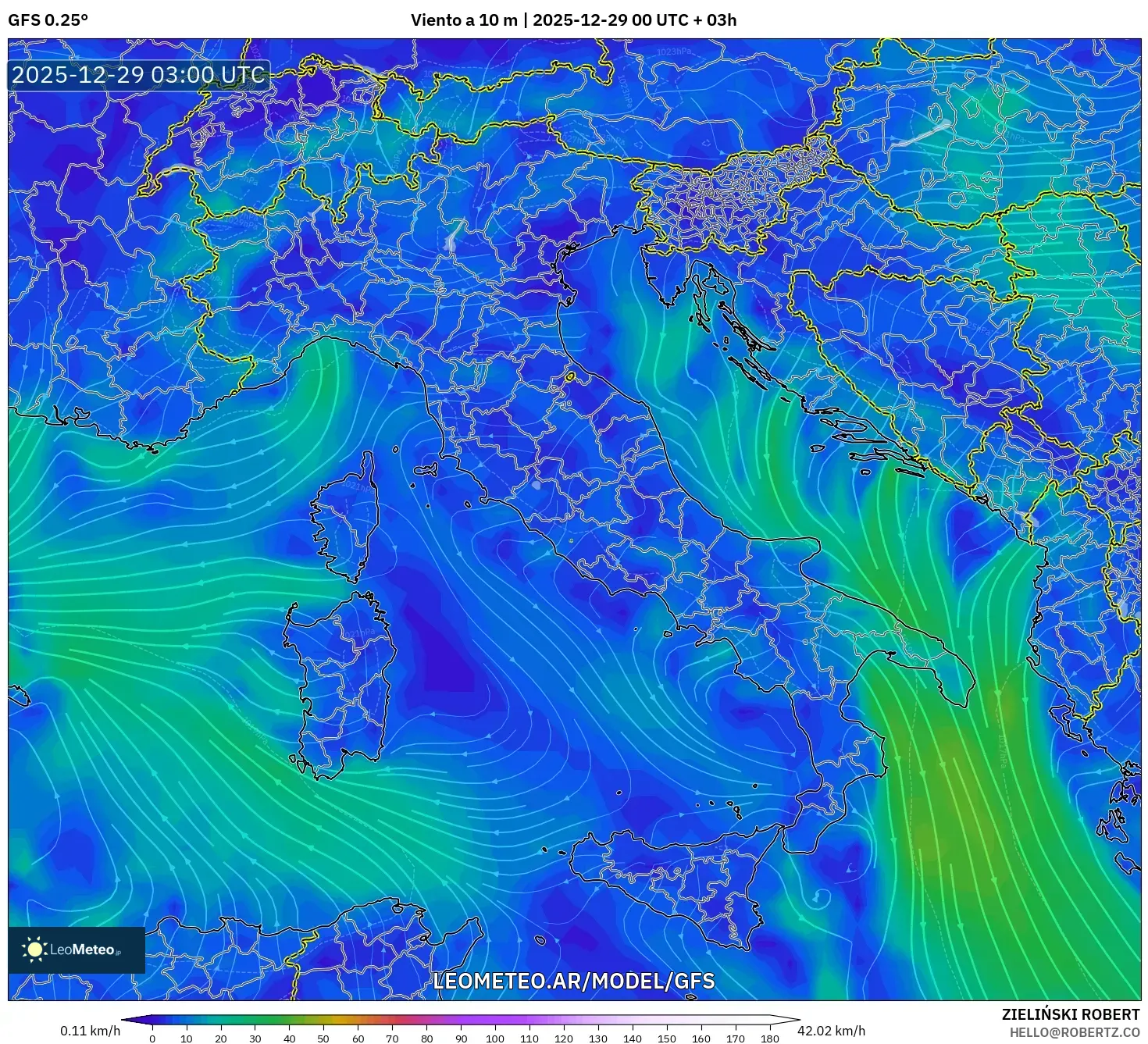 GFS model - Italia, Viento a 10 m