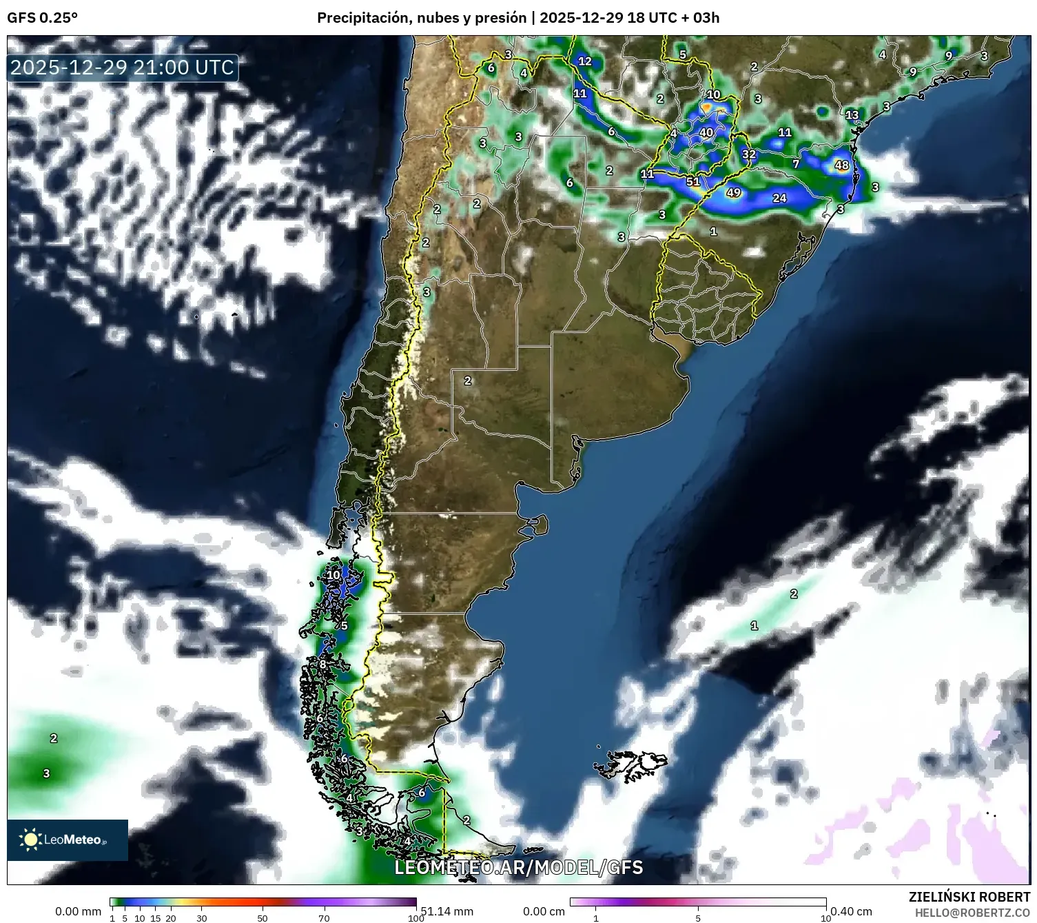 GFS model - Argentina, Precipitación, nubes y presión