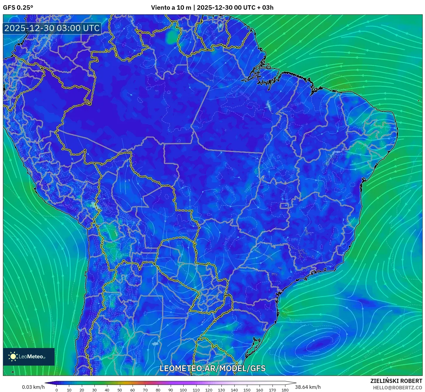 GFS model - Brasil, Viento a 10 m