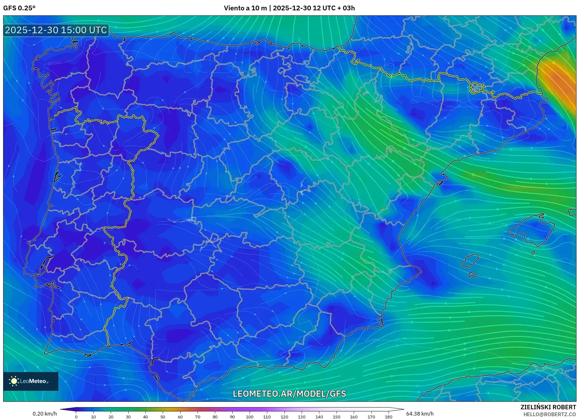 GFS model - España, Viento a 10 m