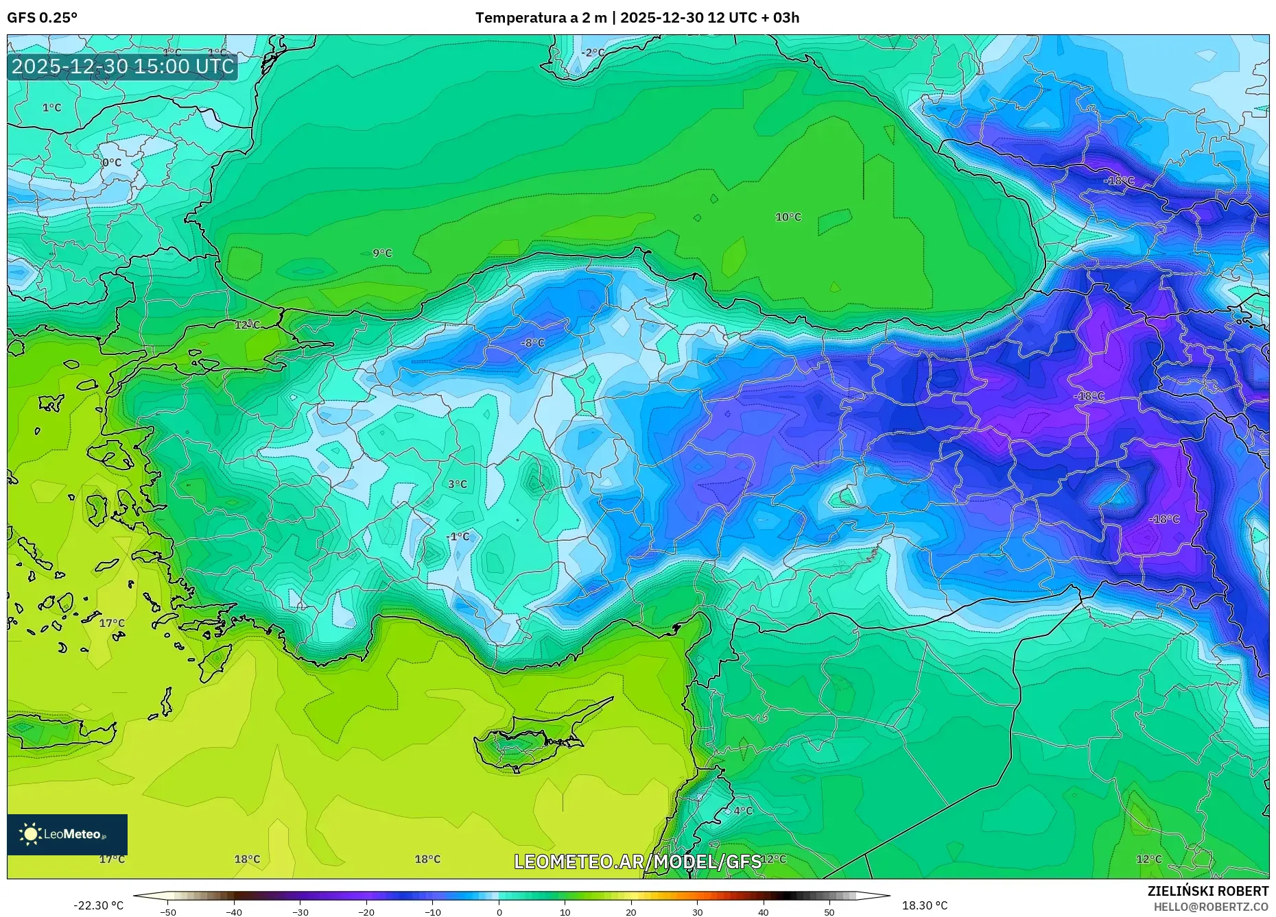 GFS model - Turquía, Temperatura a 2 m