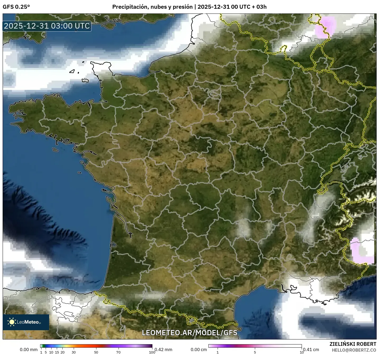 GFS model - Francia, Precipitación, nubes y presión
