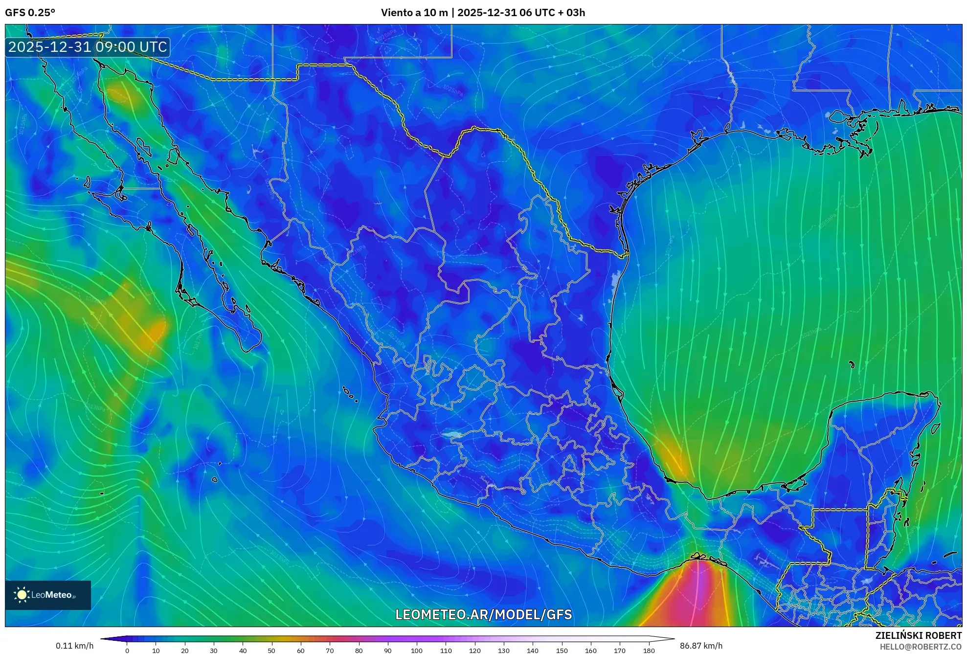 GFS model - México, Viento a 10 m