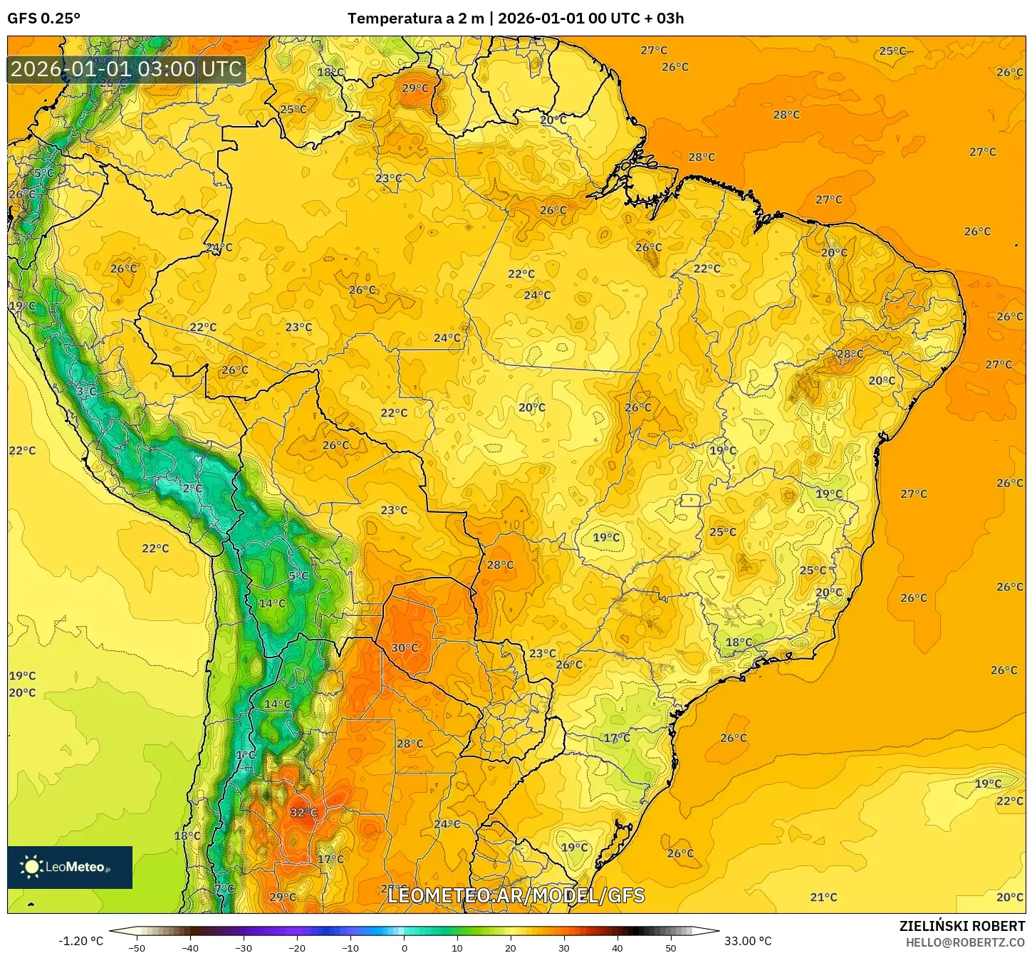 GFS model - Brasil, Temperatura a 2 m