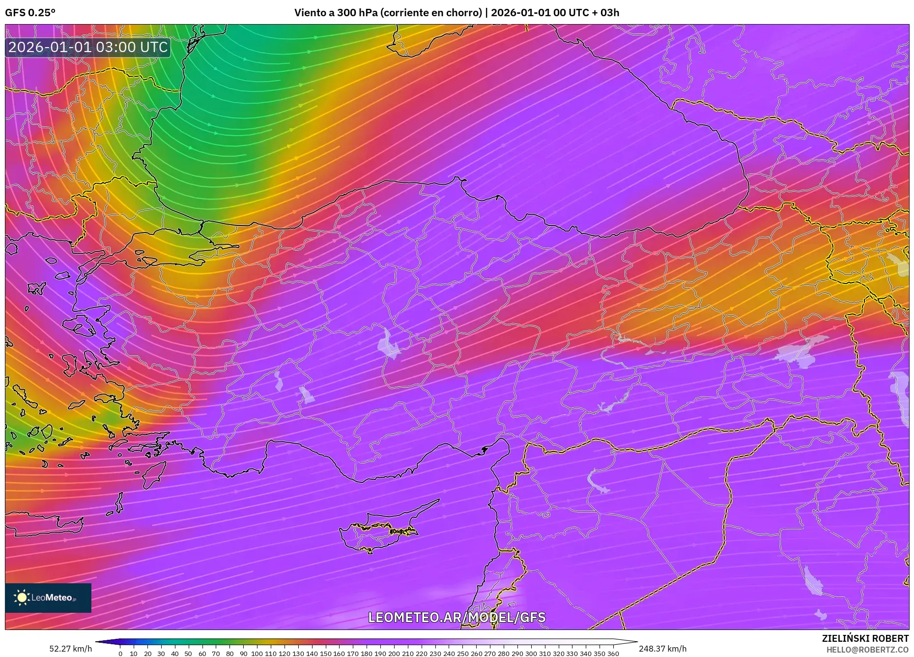 GFS model - Turquía, Viento a 300 hPa (corriente en chorro)