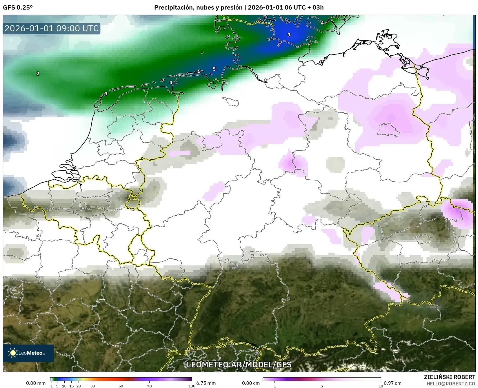 GFS model - Alemania, Precipitación, nubes y presión