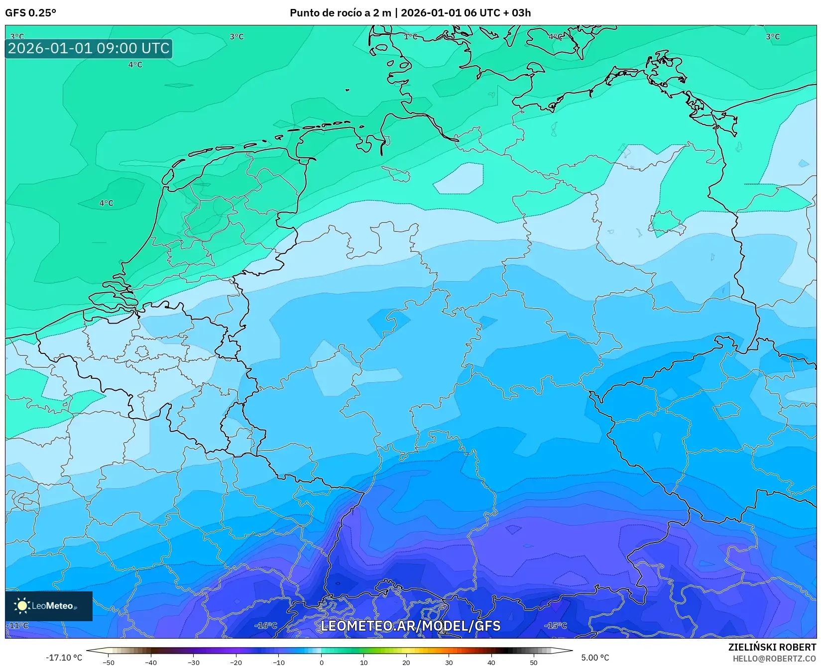 GFS model - Alemania, Punto de rocío a 2 m