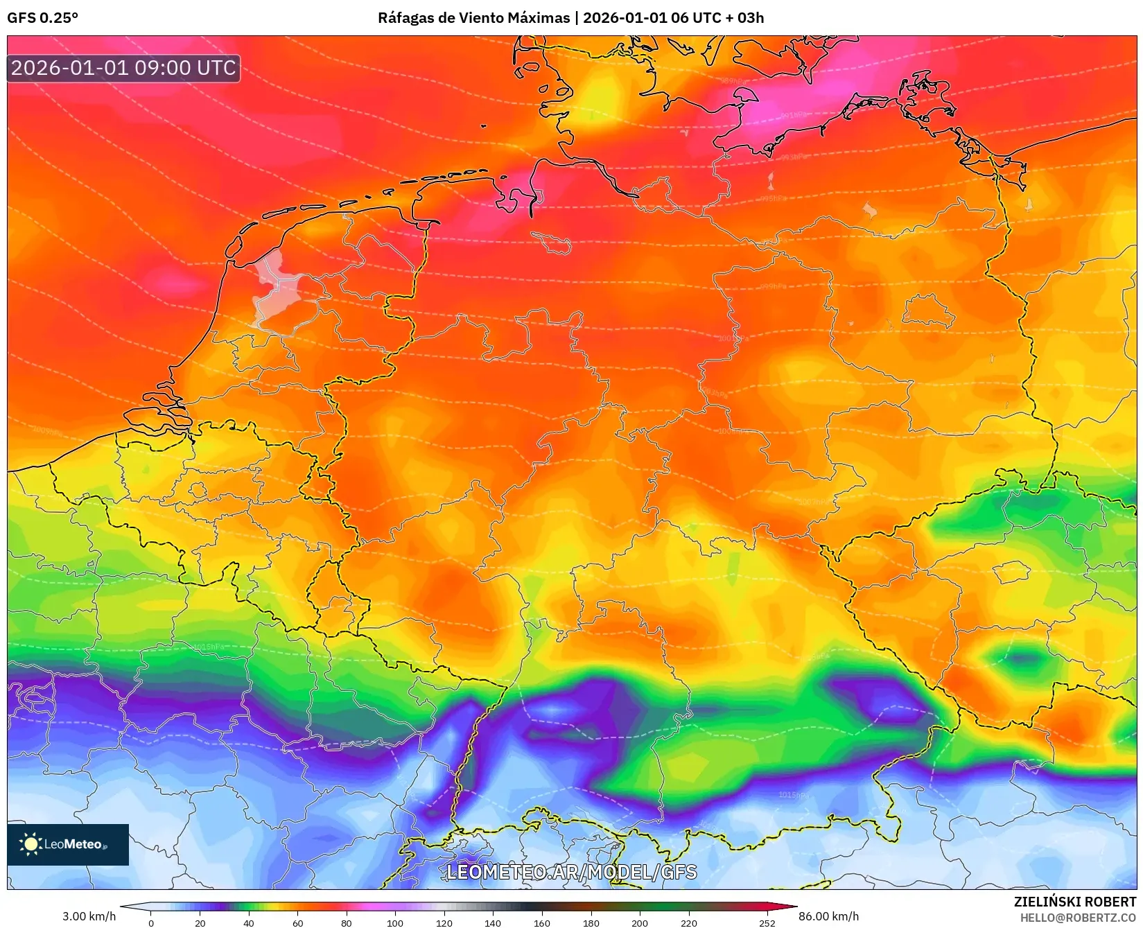 GFS model - Alemania, Ráfagas de Viento Máximas