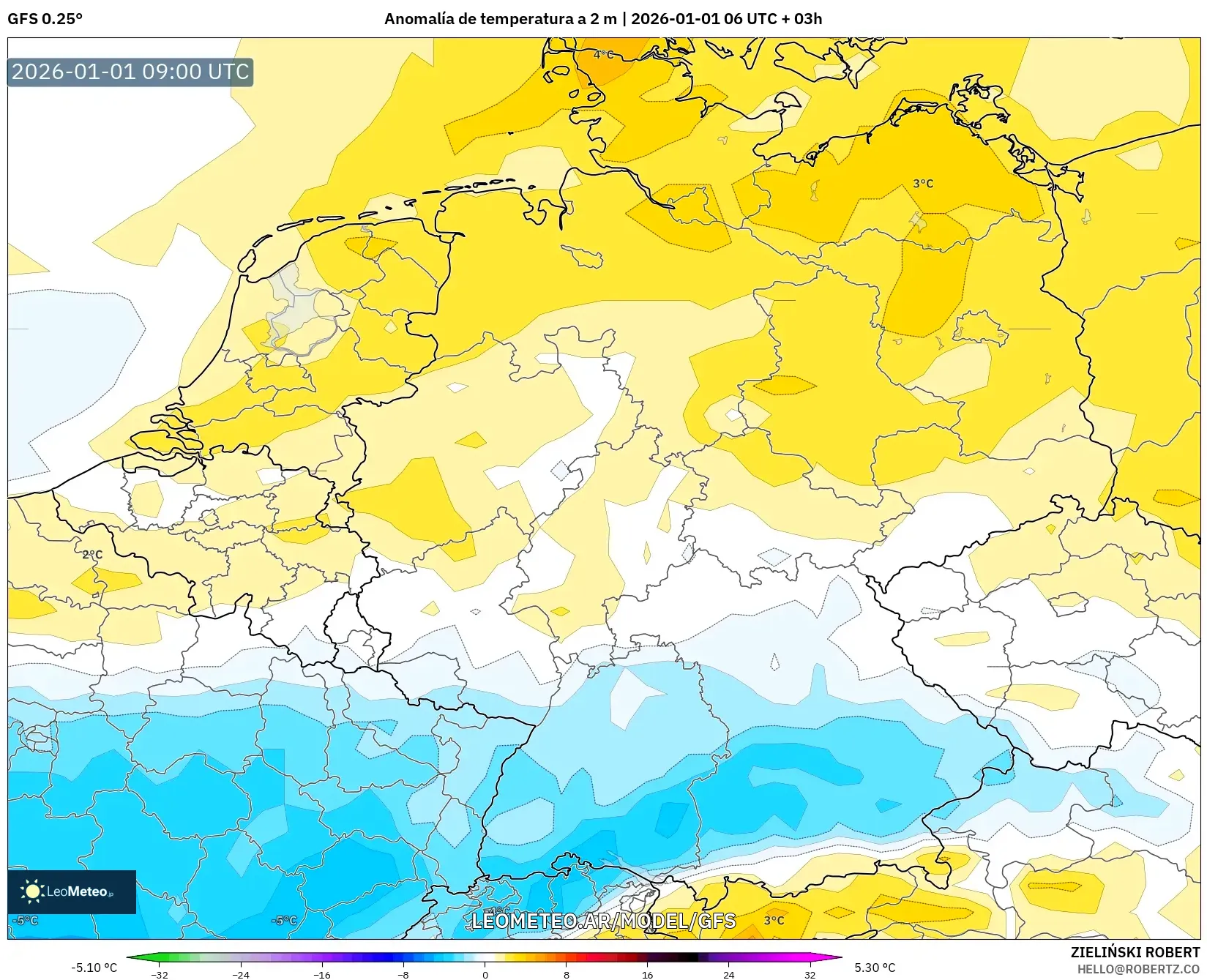GFS model - Alemania, Anomalía de temperatura a 2 m