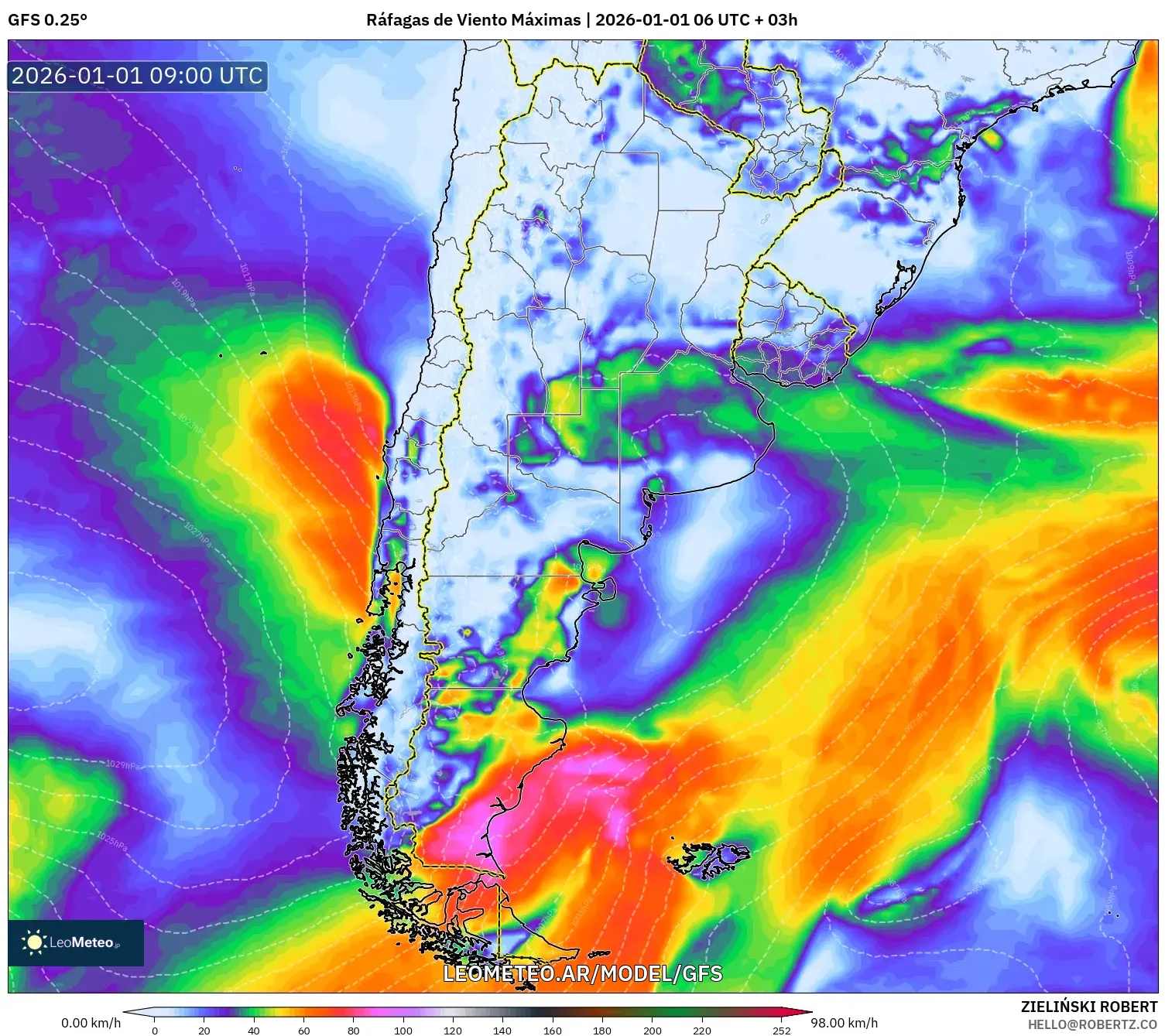GFS model - Argentina, Ráfagas de Viento Máximas