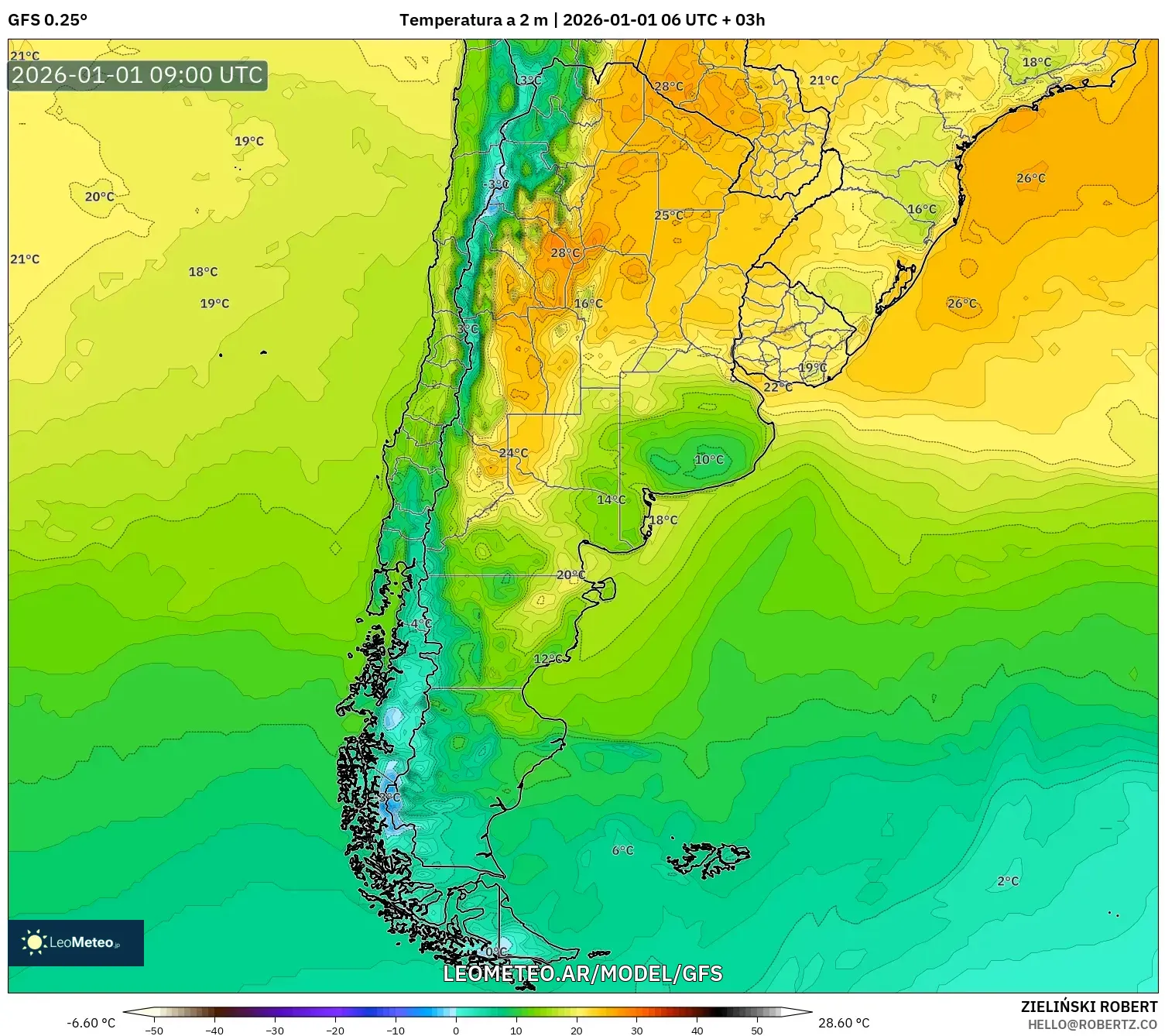 GFS model - Argentina, Temperatura a 2 m