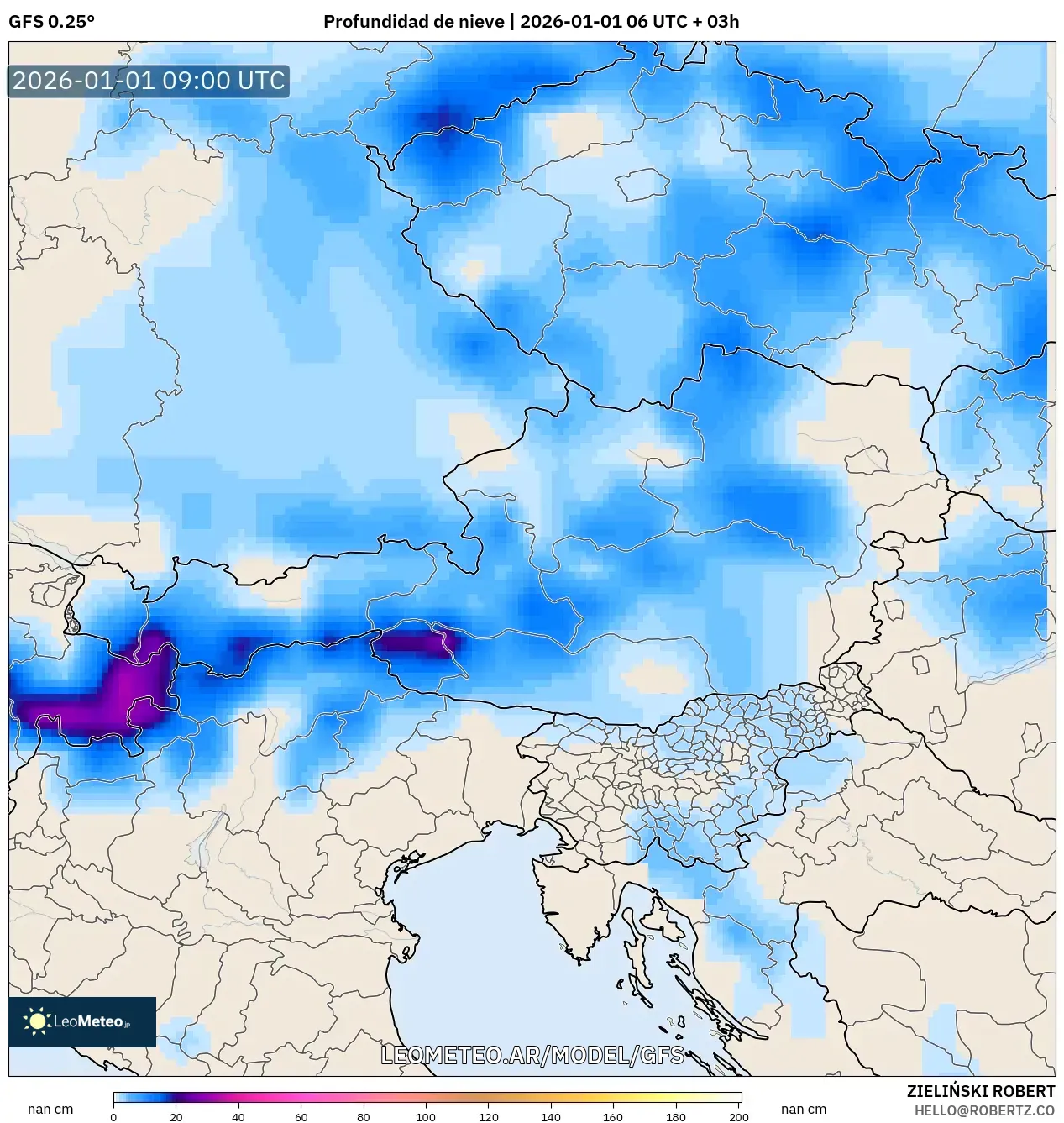 GFS model - Austria, Profundidad de nieve