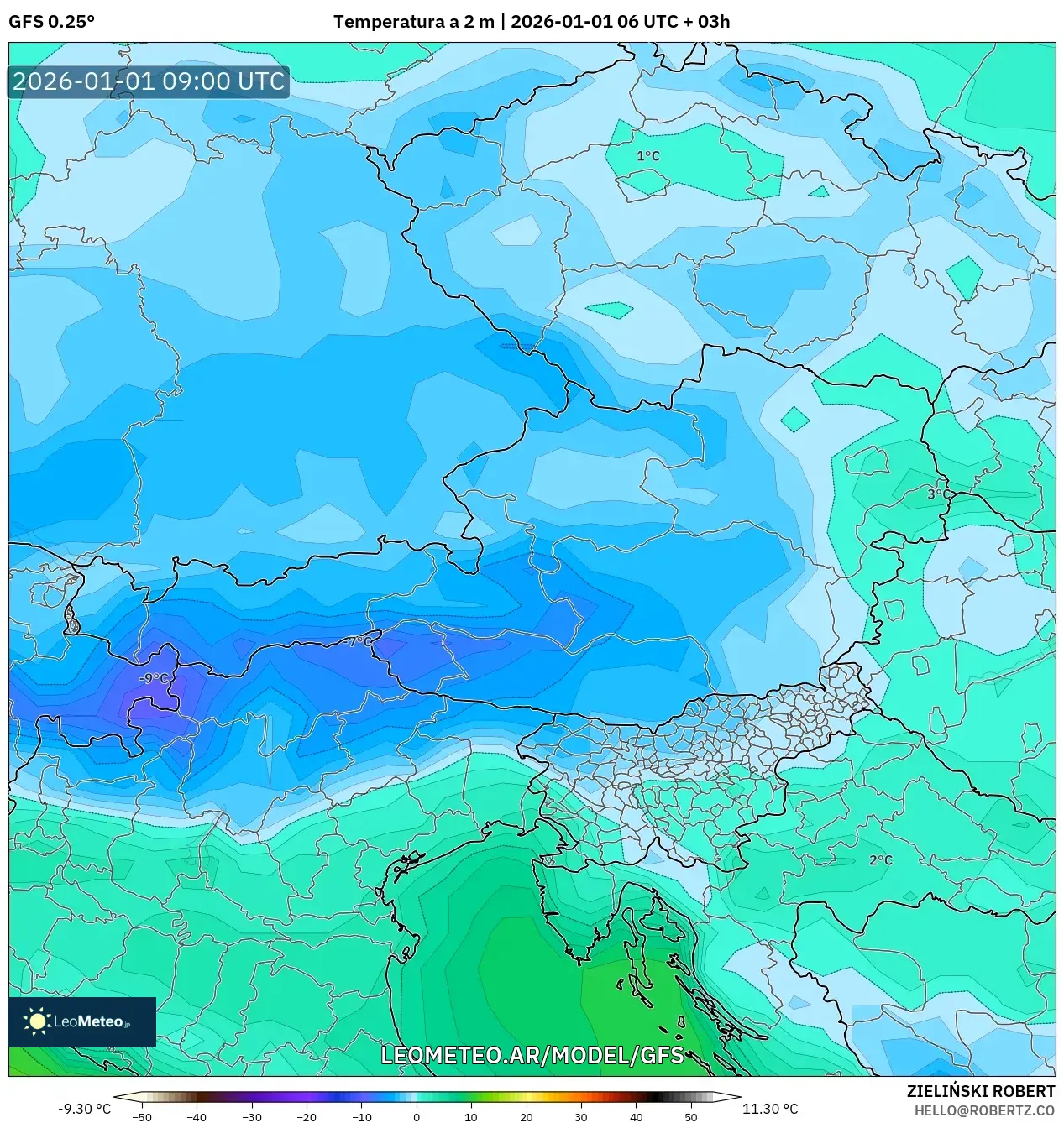 GFS model - Austria, Temperatura a 2 m