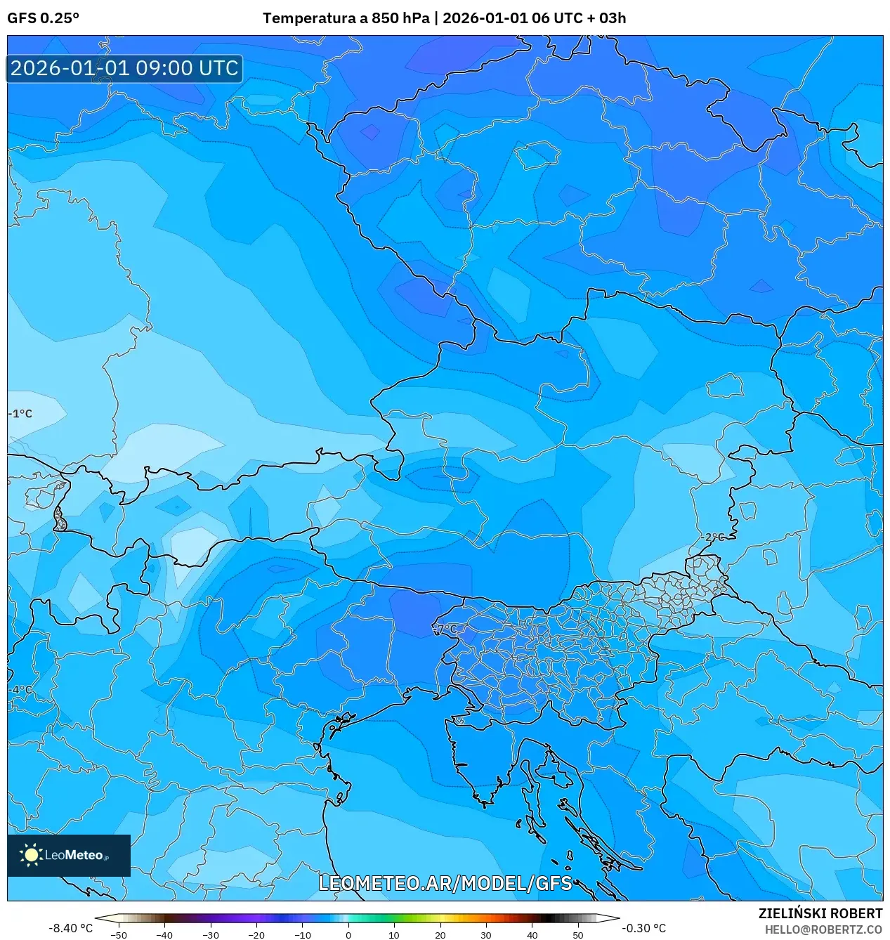 GFS model - Austria, Temperatura a 850 hPa