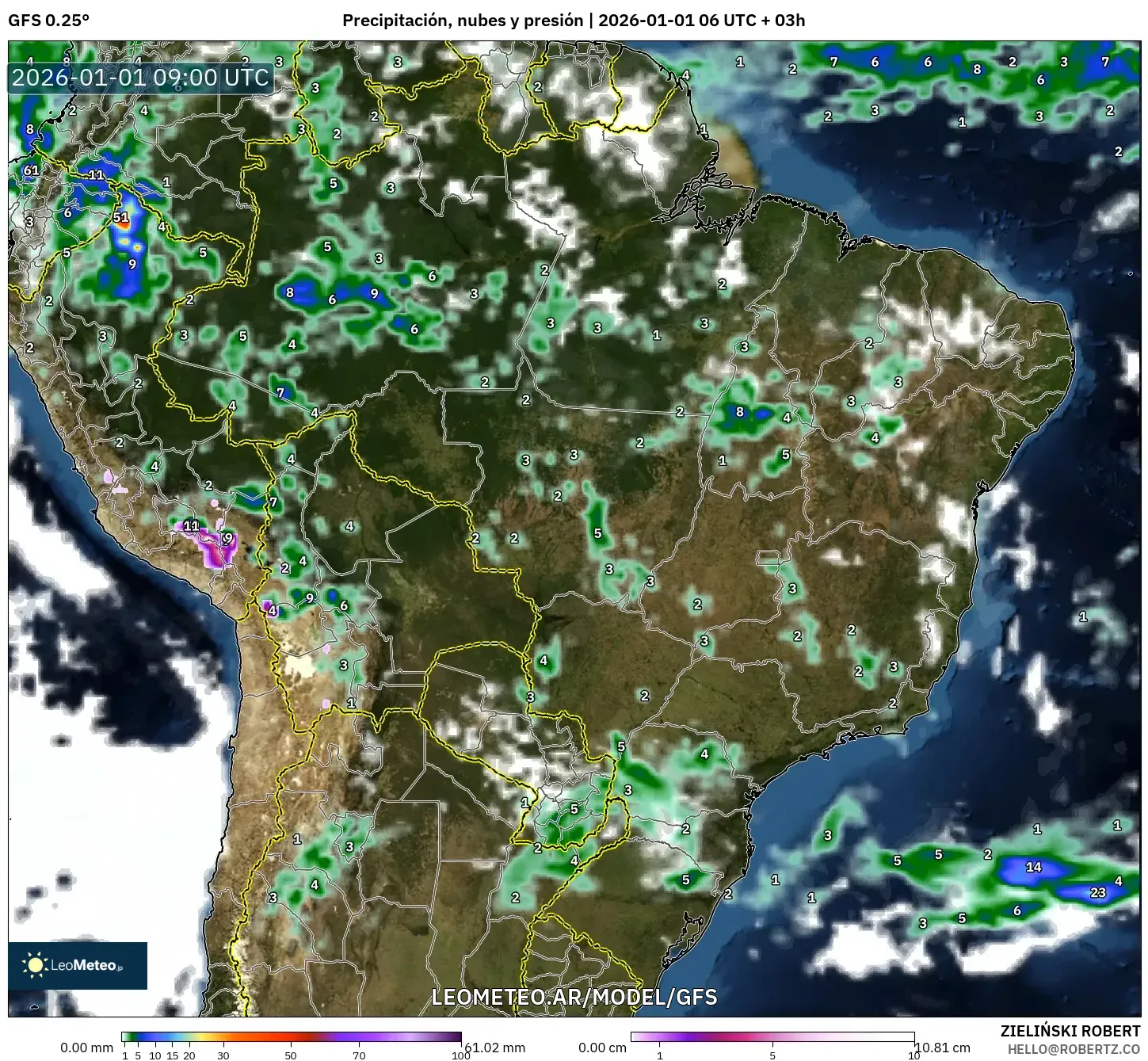 GFS model - Brasil, Precipitación, nubes y presión