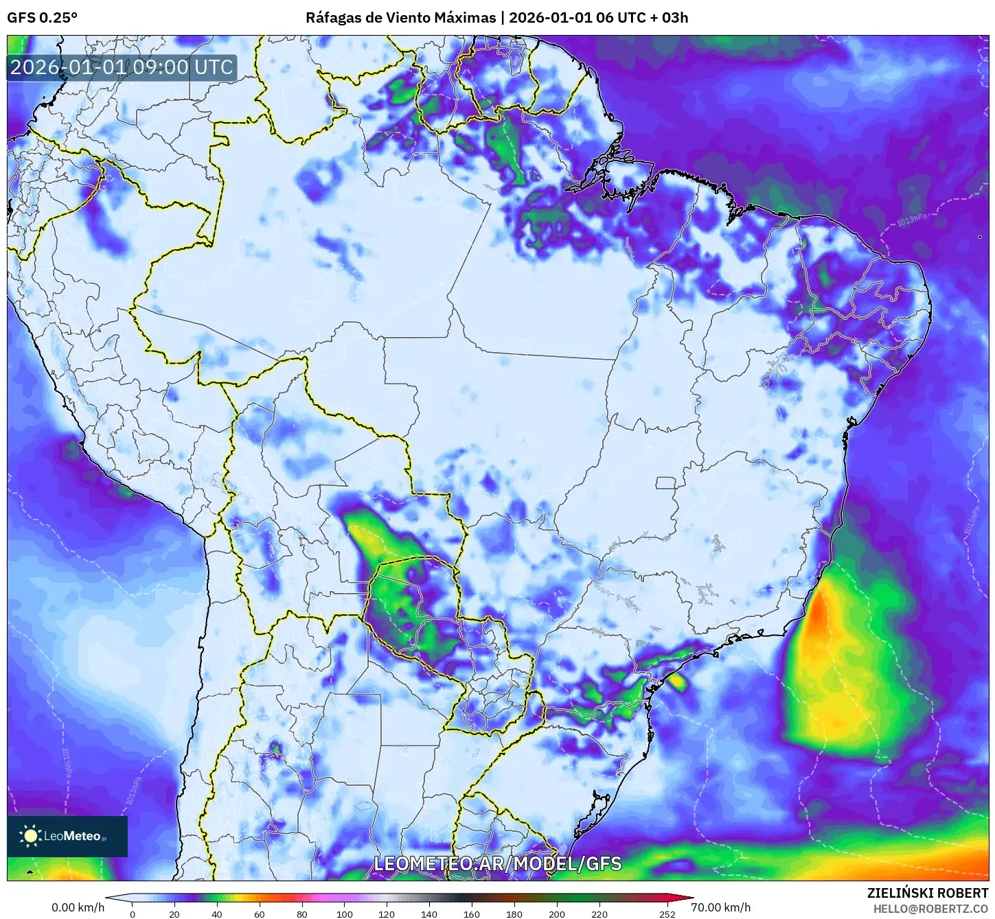 GFS model - Brasil, Ráfagas de Viento Máximas
