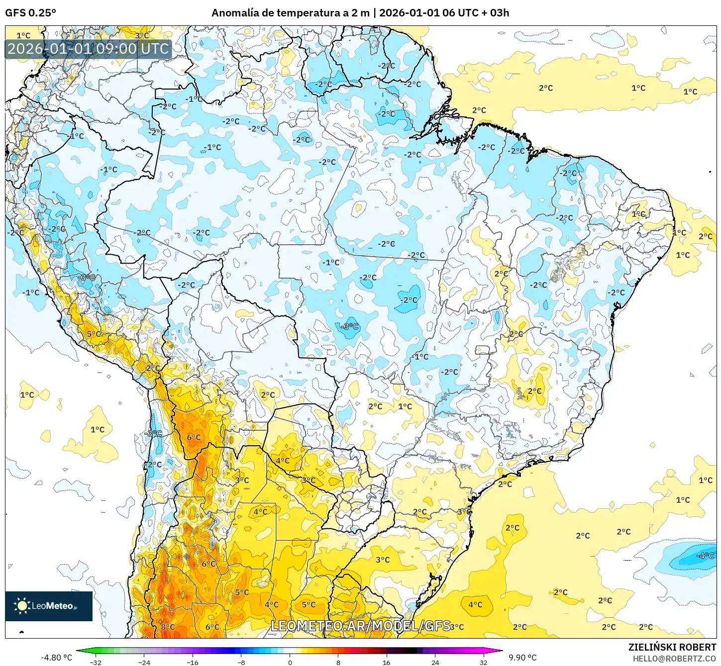 GFS model - Brasil, Anomalía de temperatura a 2 m