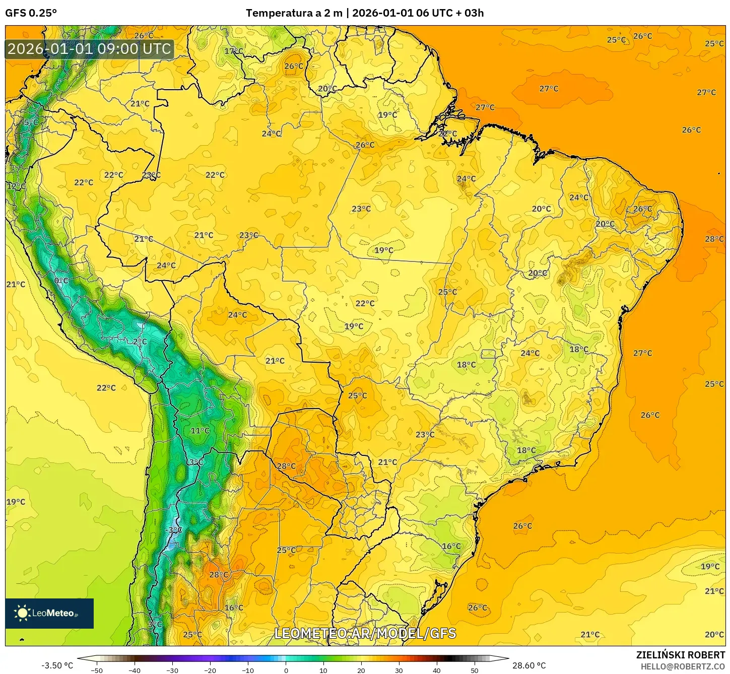 GFS model - Brasil, Temperatura a 2 m