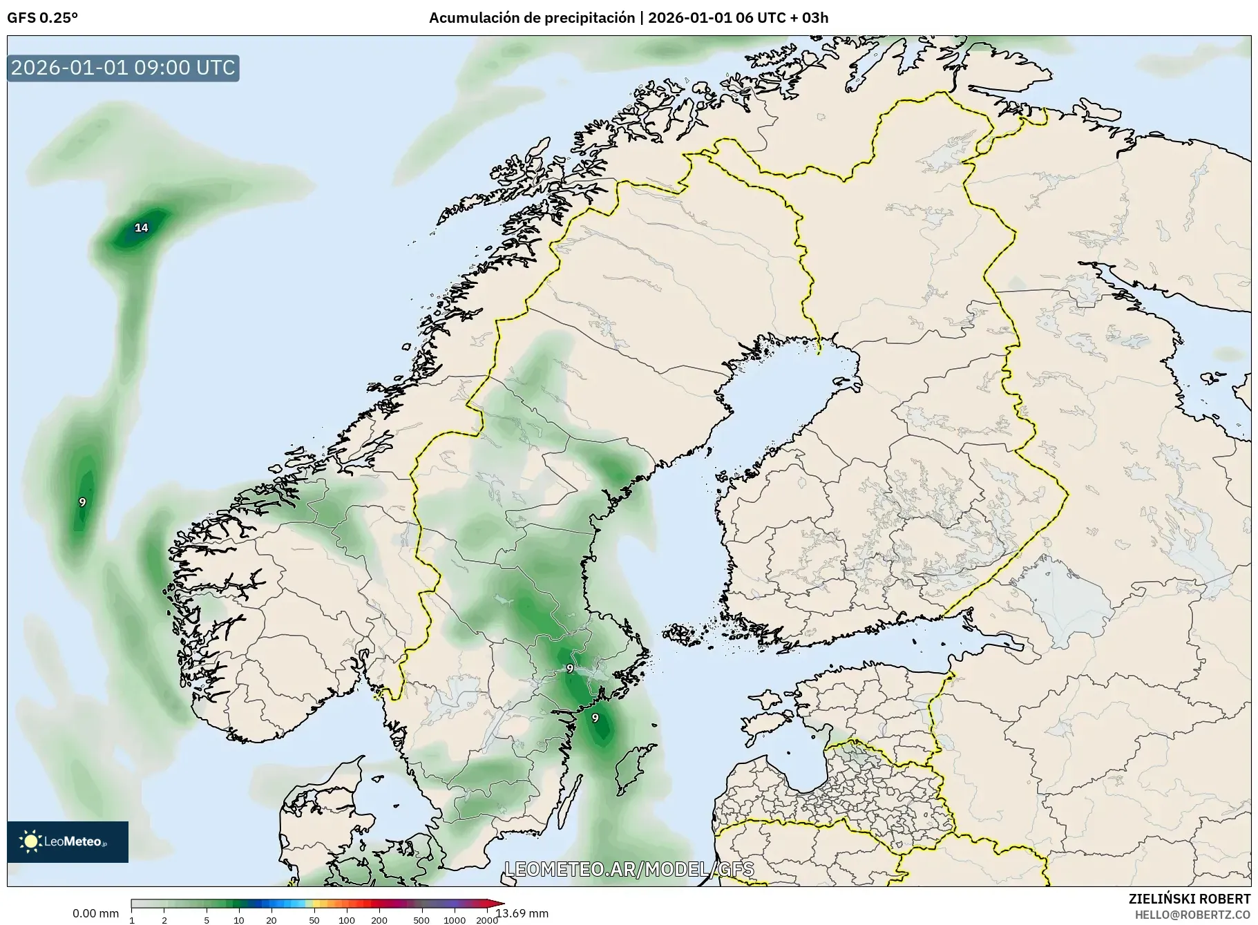 GFS model - Escandinavia, Acumulación de precipitación