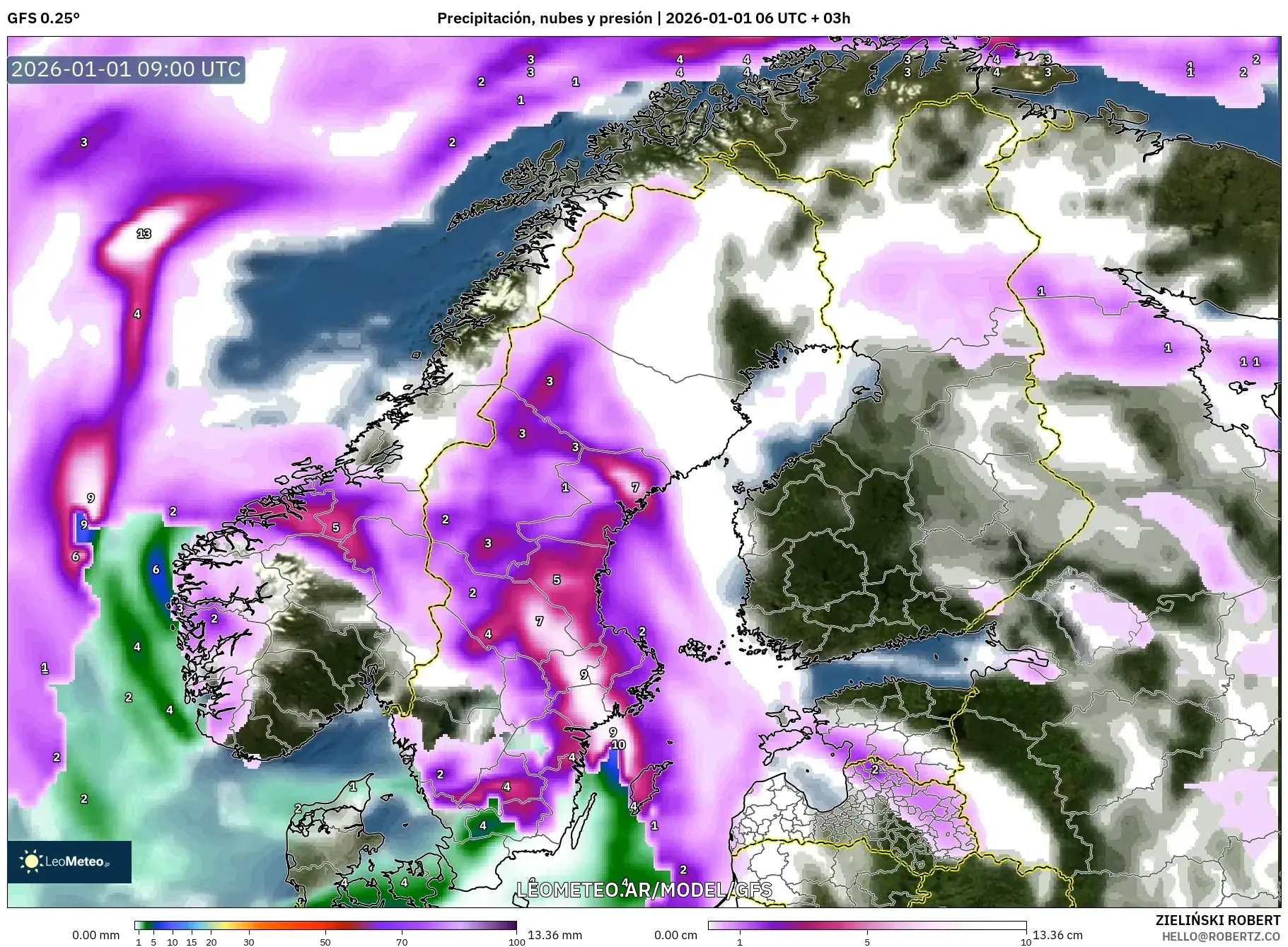 GFS model - Escandinavia, Precipitación, nubes y presión