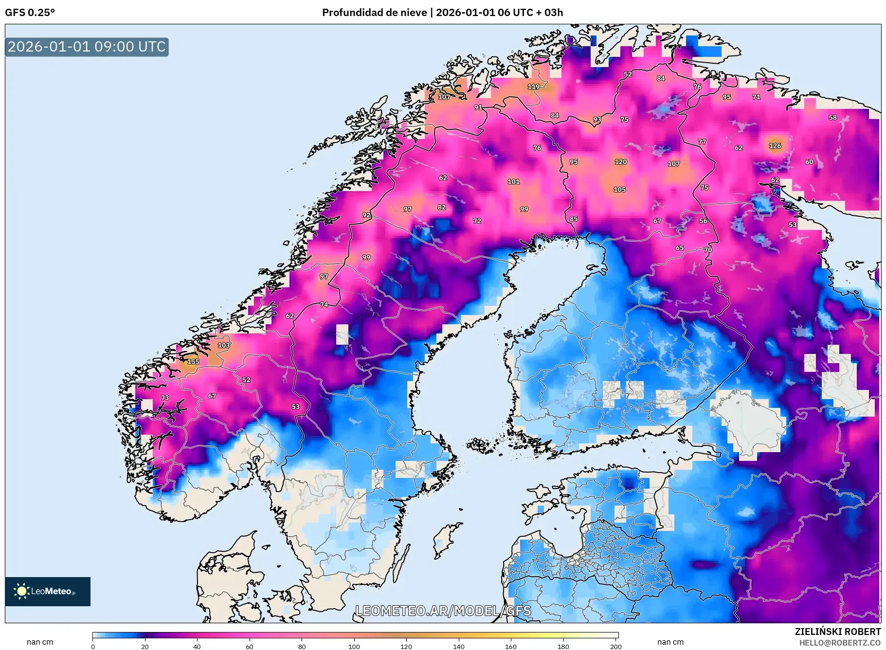 GFS model - Escandinavia, Profundidad de nieve