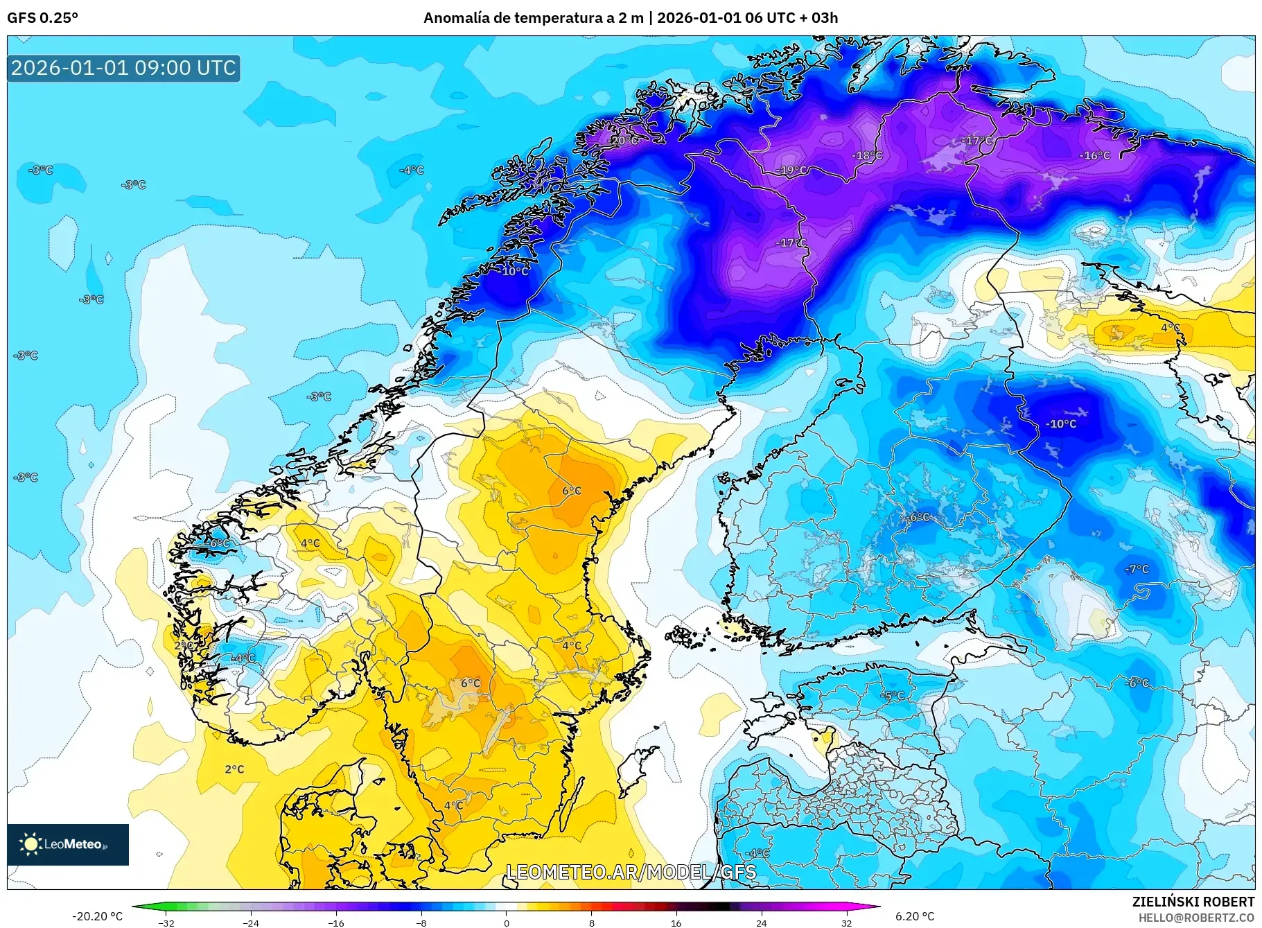 GFS model - Escandinavia, Anomalía de temperatura a 2 m
