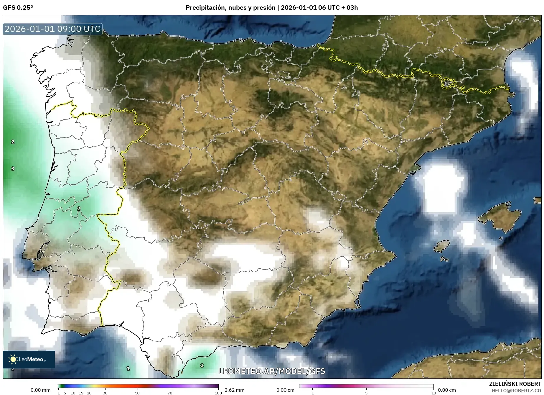 GFS model - España, Precipitación, nubes y presión
