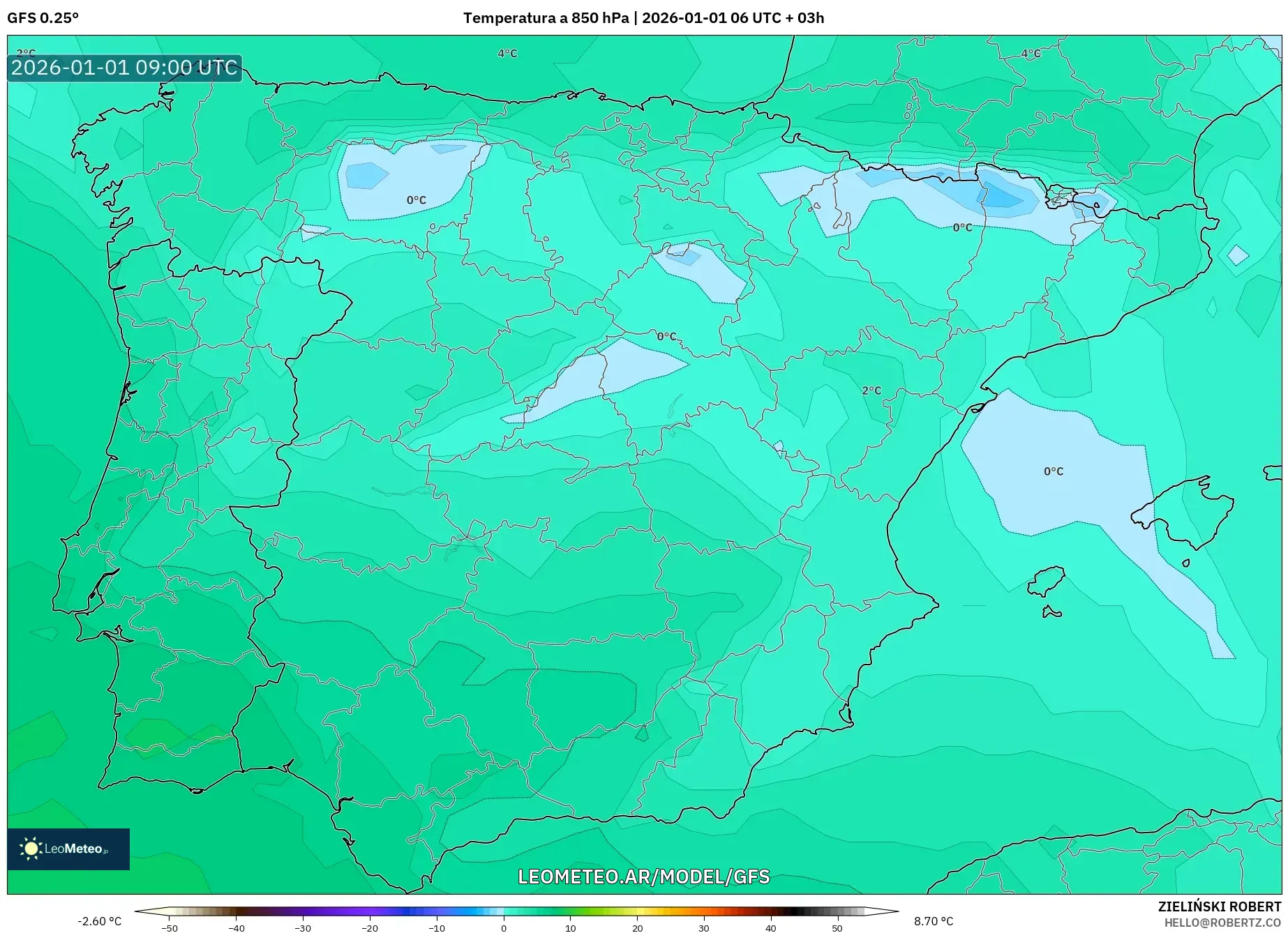 GFS model - España, Temperatura a 850 hPa