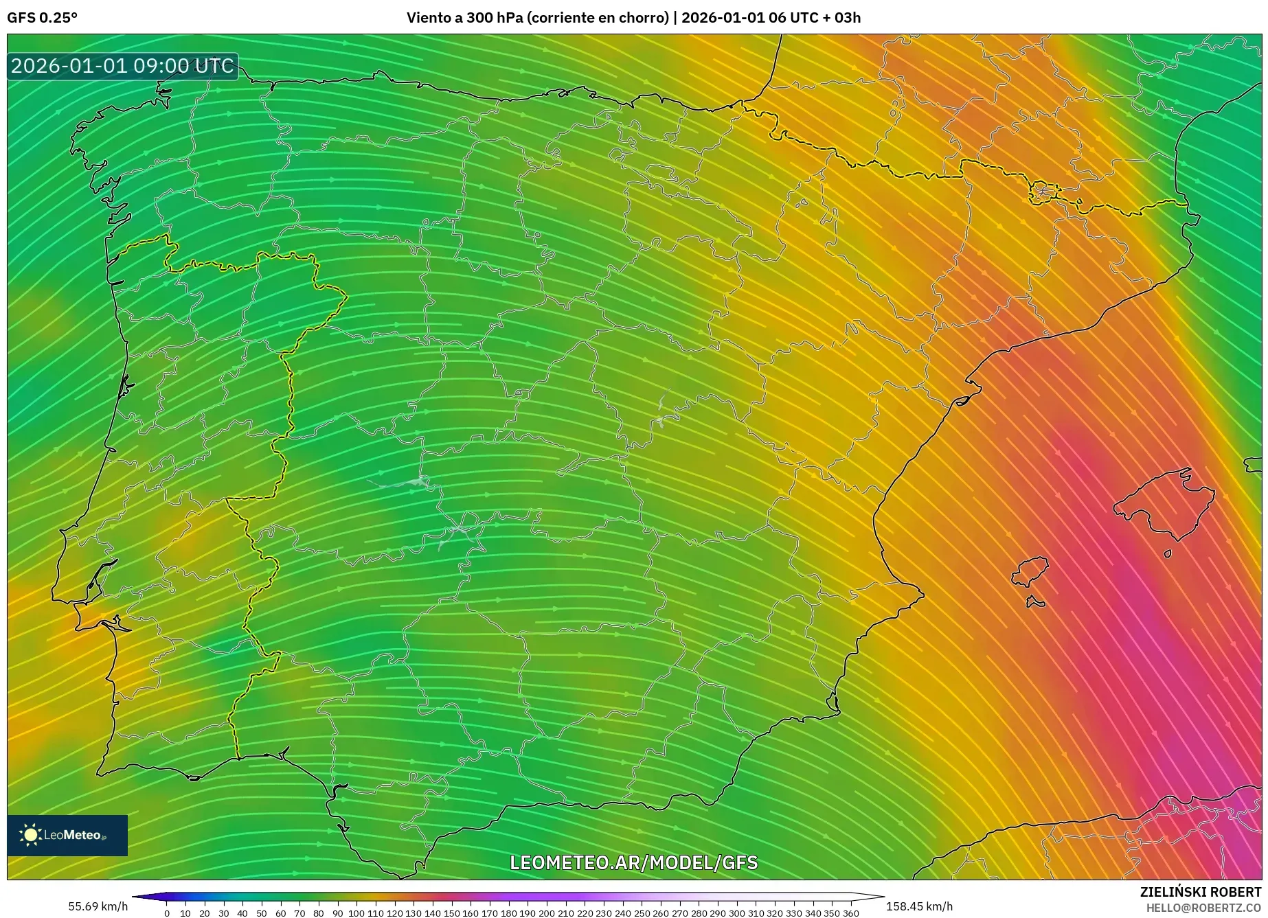 GFS model - España, Viento a 300 hPa (corriente en chorro)